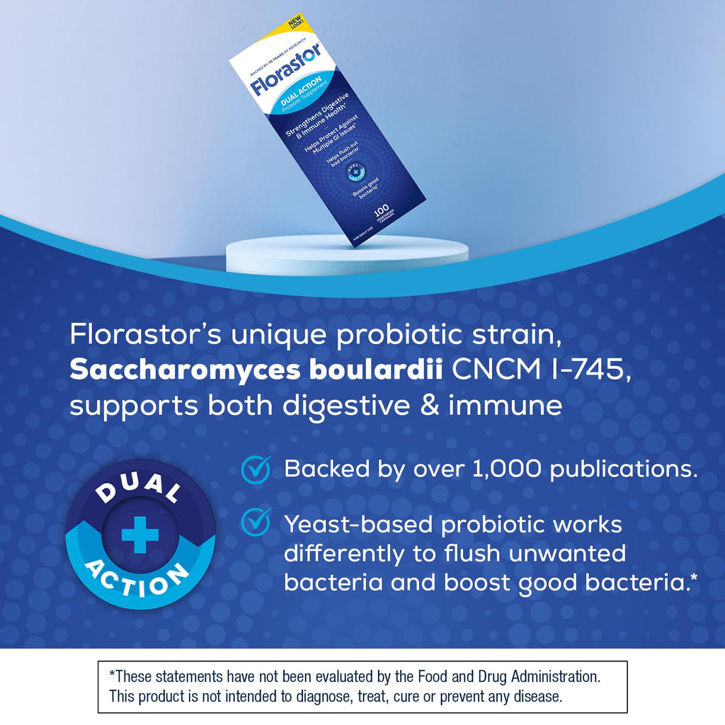Florastor Probiotics for Digestive and Immune Health, 100 Capsules, Probiotics for Women & Men, Helps Flush Out Bad Bacteria, Boosts The Good with Our Unique Strain Saccharomyces Boulardii Florastor Au supplements
