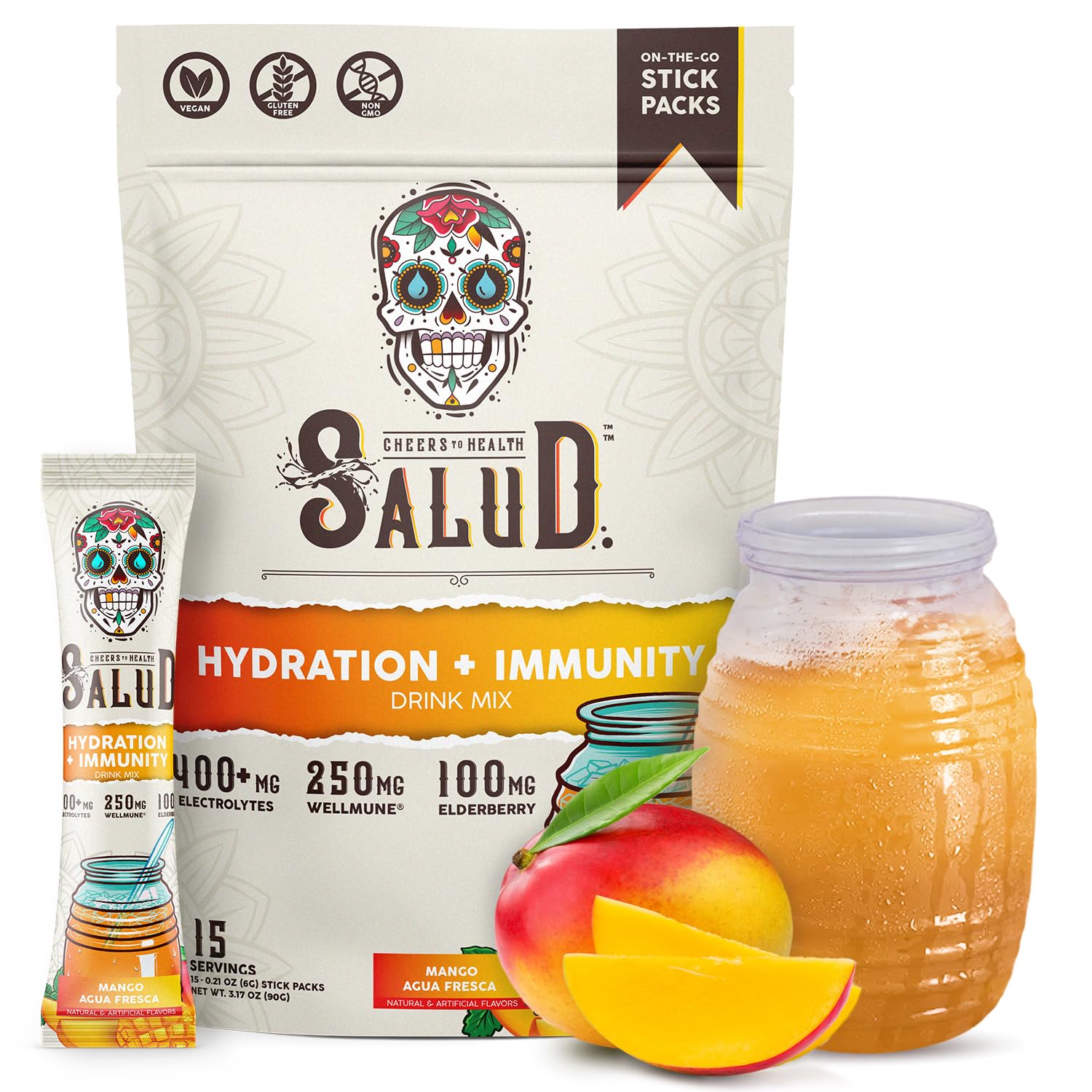 Salud 2-in-1 Hydration Packets + Immunity Electrolytes Powder, Mango - Agua Fresca Drink Mix, Elderberry, Dairy & Soy Free, Non-GMO, Gluten Free,