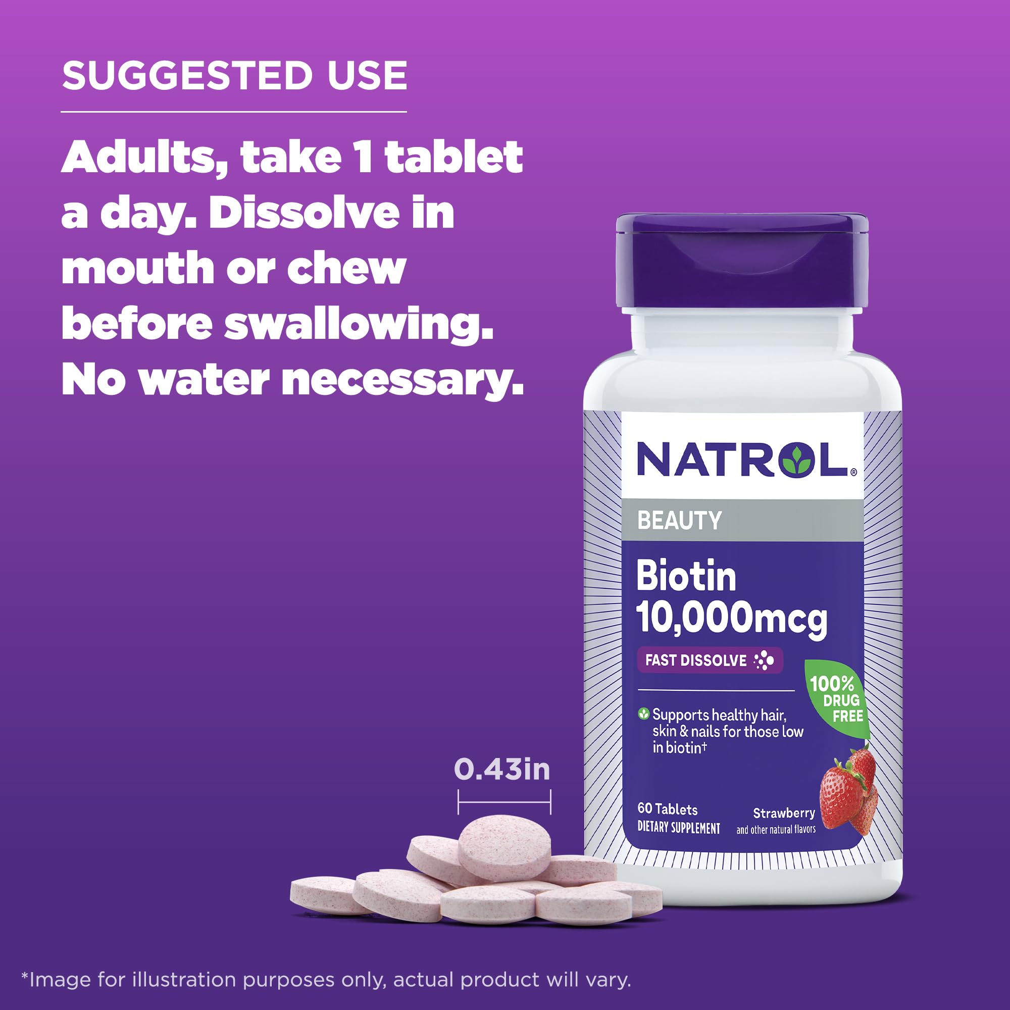 Natrol Biotin 10000mcg, 4X Faster Dissolve Supplement for Healthy Hair, Skin and Nails for Those Low in Biotin, Plus Energy Metabolism Support