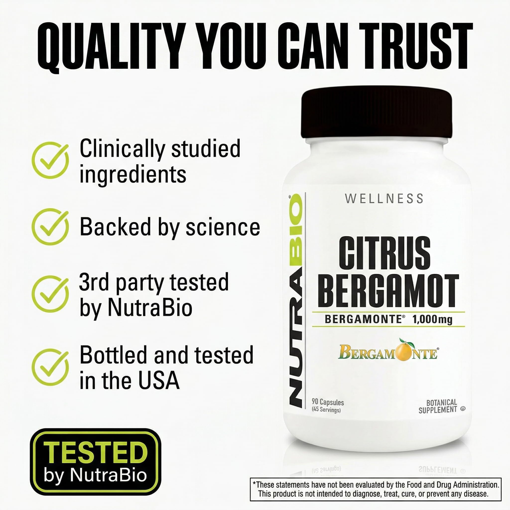 NutraBio Citrus Bergamot Bergamonte Extract Supplement, 1,000mg - May Help Promote Cardiovascular Health and Wellness, 90 Capsules