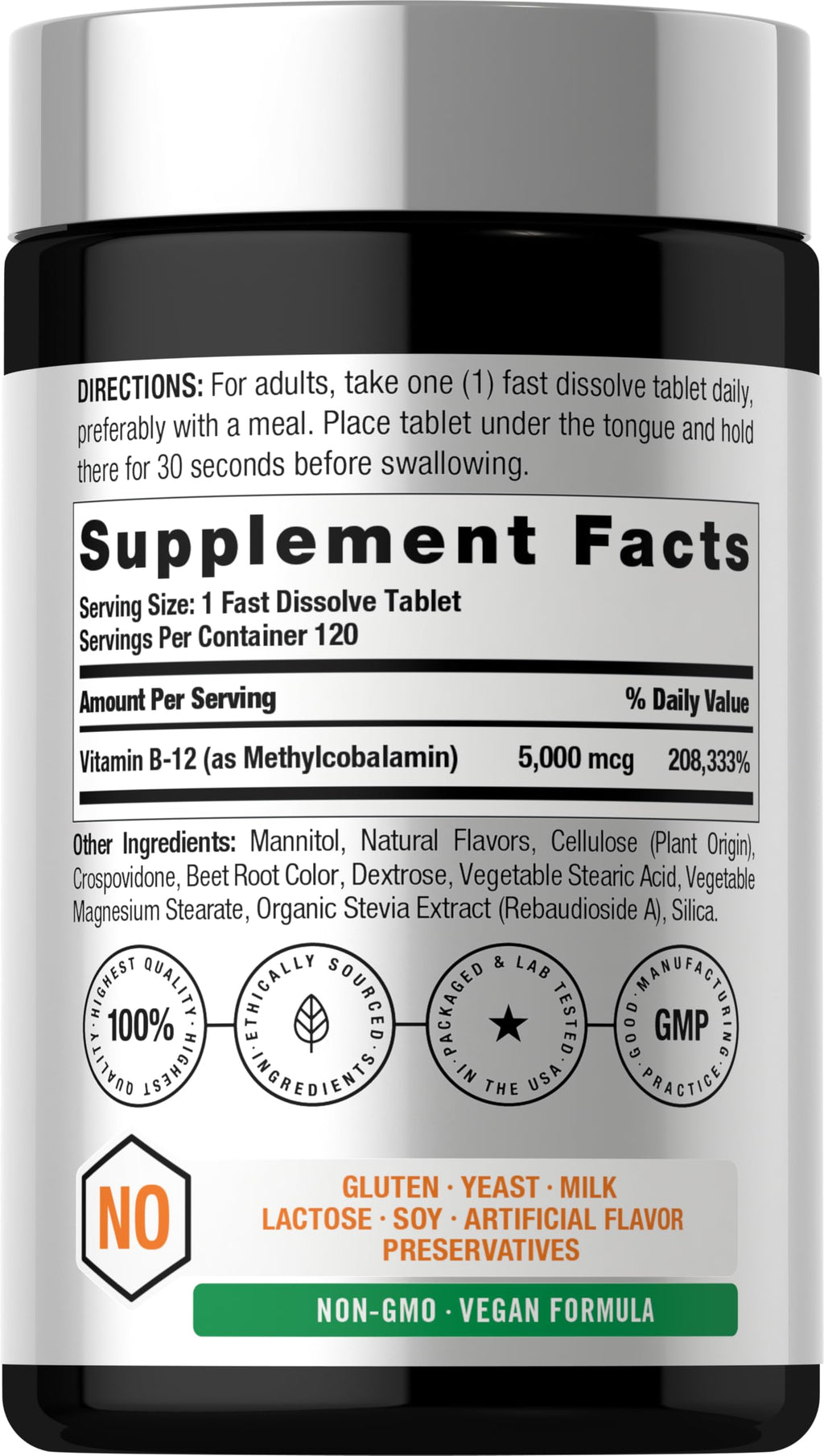 Horbäach B12 Vitamin 5000 mcg | 120 Fast Dissolve Tablets | Sublingual Methylcobalamin | Natural Berry Flavor | Vegan, Non-GMO
