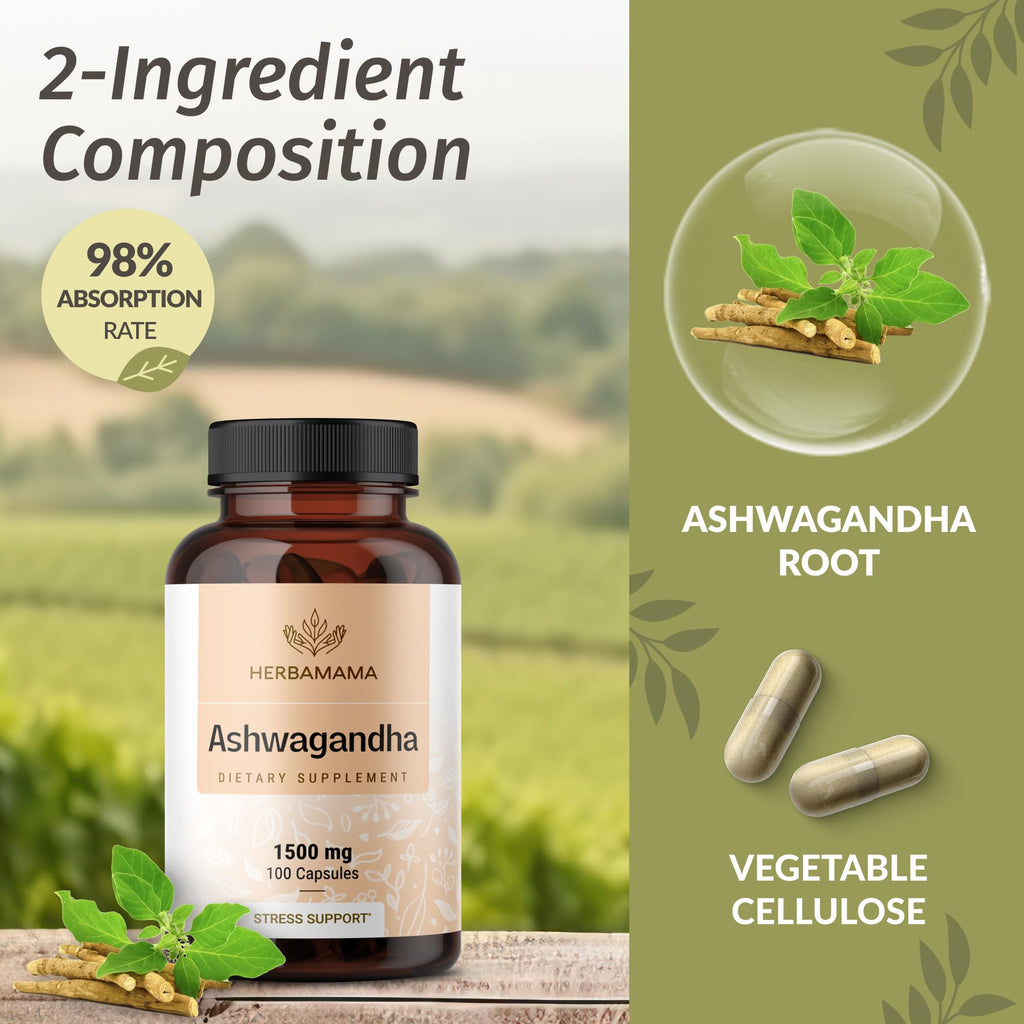 HERBAMAMA Ashwagandha Capsules - 1500mg Pure Ashwagandha Root Focus Supplement - Vegan, Non-GMO Mood & Calm Support Supplement for Adults, 100 Caps HERBAMAMA Au supplements