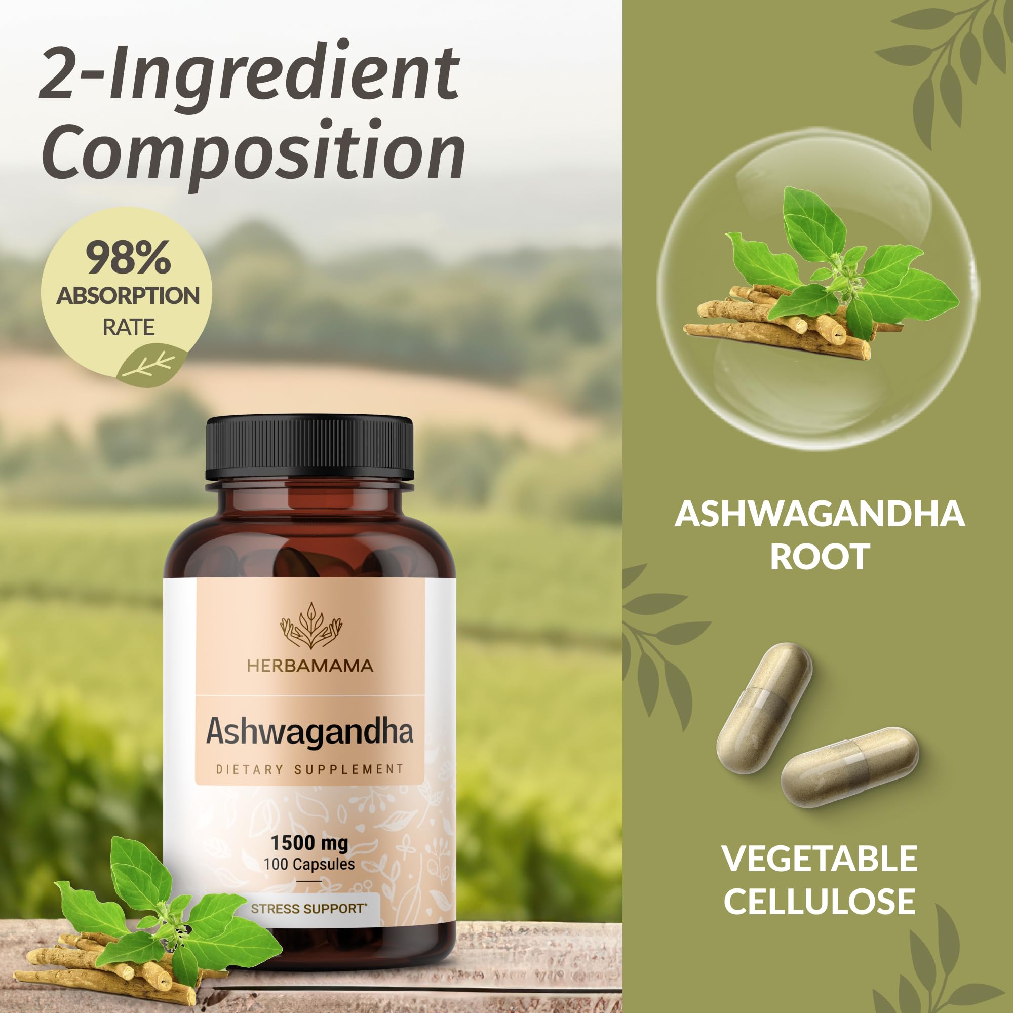 HERBAMAMA Ashwagandha Capsules - 1500mg Pure Ashwagandha Root Focus Supplement - Vegan, Non-GMO Mood & Calm Support Supplement for Adults, 100 Caps HERBAMAMA Au supplements
