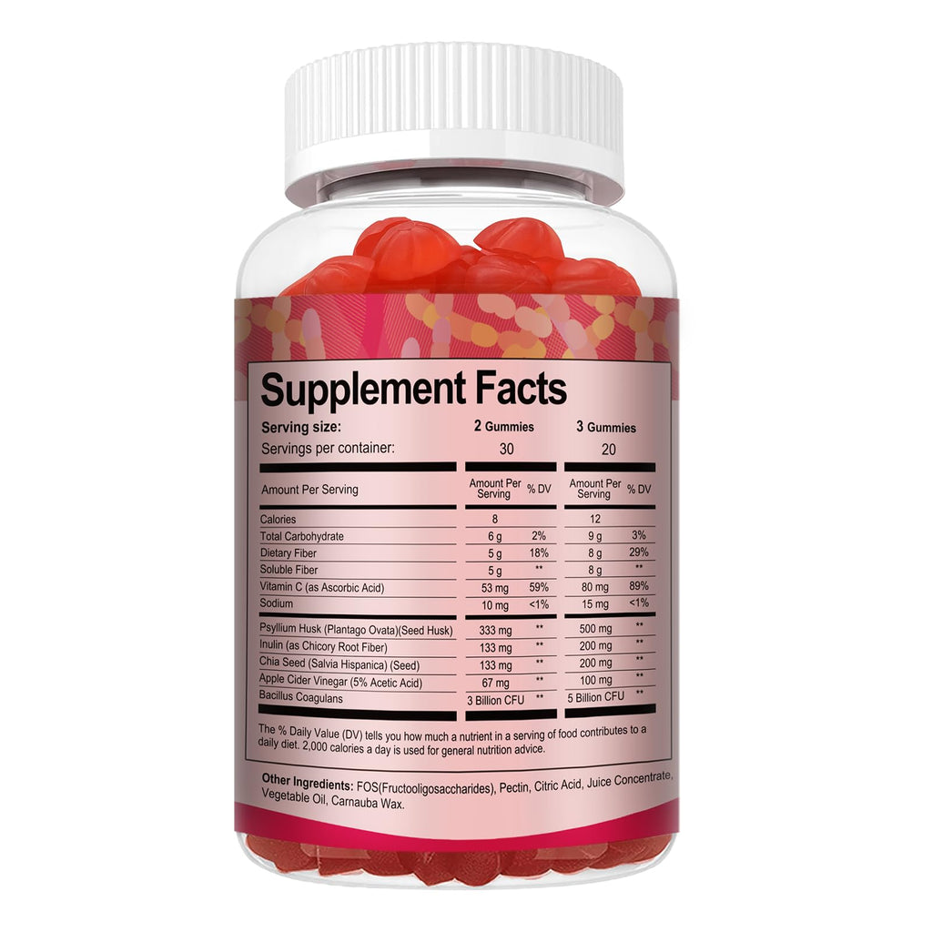 9-in-1 Probiotic Prebiotic Fiber Gummies for Adults & Teens 16G Fiber per Serving, Psyllium Husk Fiber Supplement with 5 Billion CFU Bacillus Coagulans