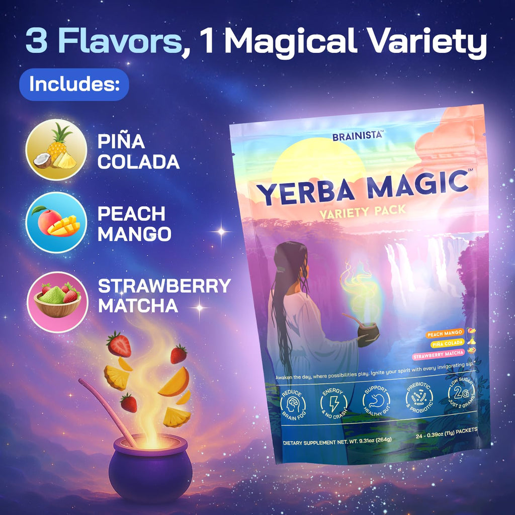 Yerba Magic Instant Yerba Mate Powder Packets – Clean Energy & Focus Drink Mix for Gut Health – Nootropic Blend with Lion’s Mane, L-Theanine, Prebiotics & Probiotics – Low Sugar Natural Caffeine – Variety Pack, 24 Sticks Brainista Au supplements
