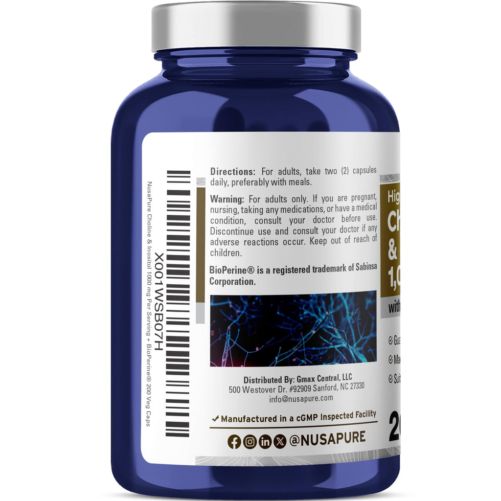 NusaPure Choline & Inositol - Suitable for Vegetarian/Vegan, Non - GMO - 1000mg - 200 Veggie Capsules NusaPure Au supplements