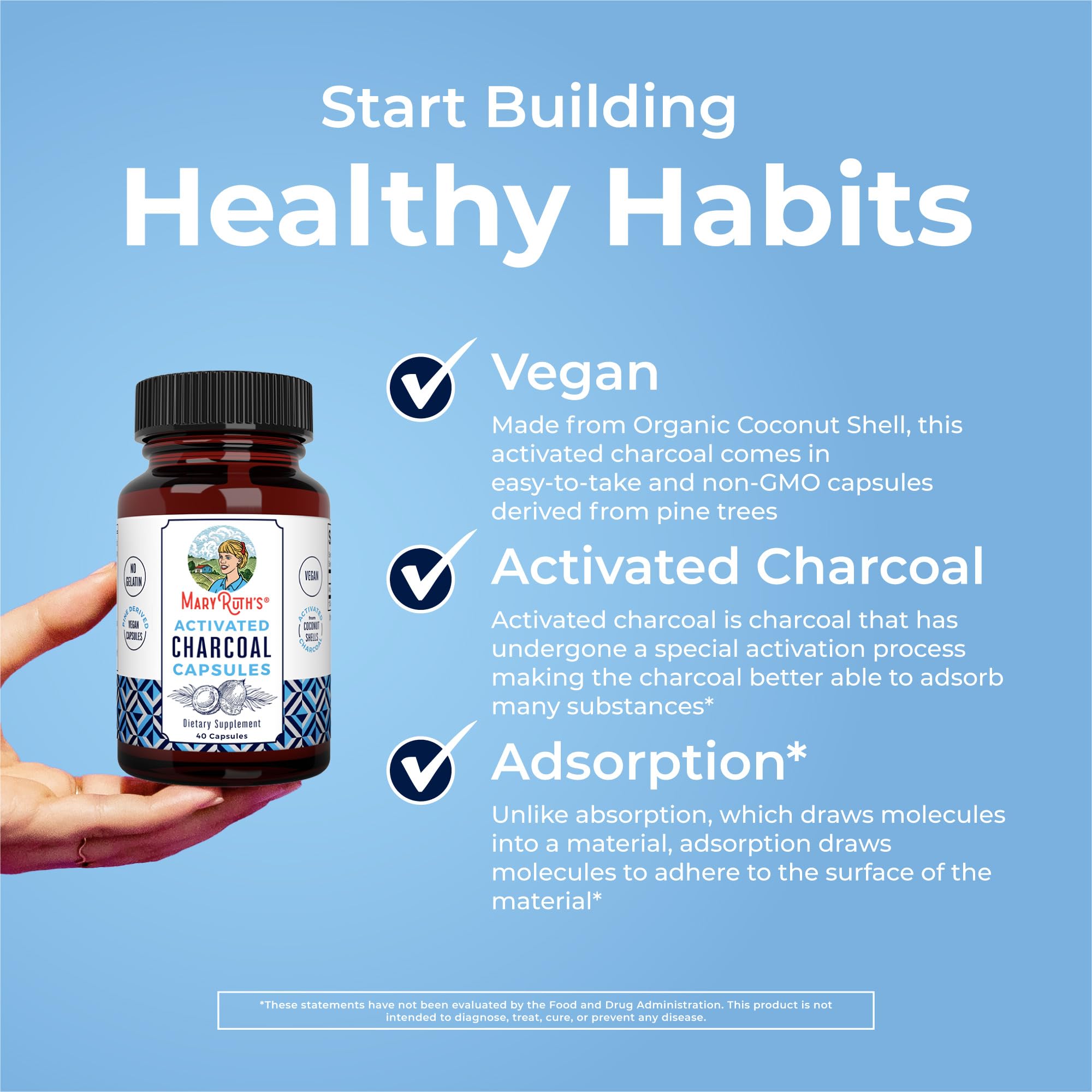MARYRUTH'S Organics Activated Charcoal Capsules | Substance Adsorption | Derived from Coconut Shells | Vegan Capsules from Pine Trees