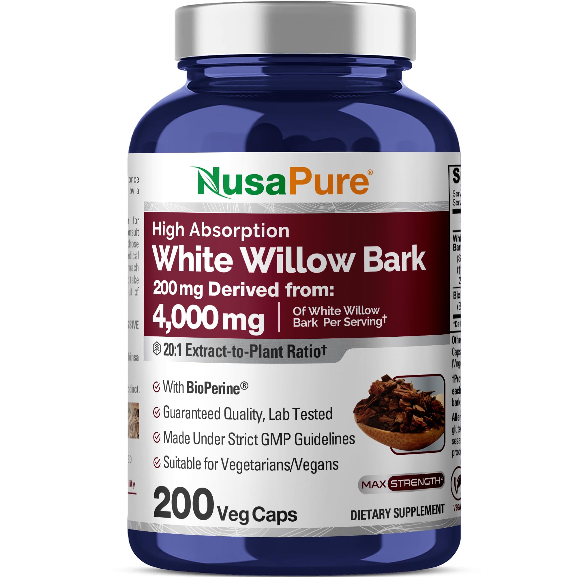NusaPure White Willow Bark 20:1 Extract, 200 mg Equivalent to 4000mg, 200 Veggie Capsules, Max Strength, (Non-GMO, Vegan) NusaPure Au supplements
