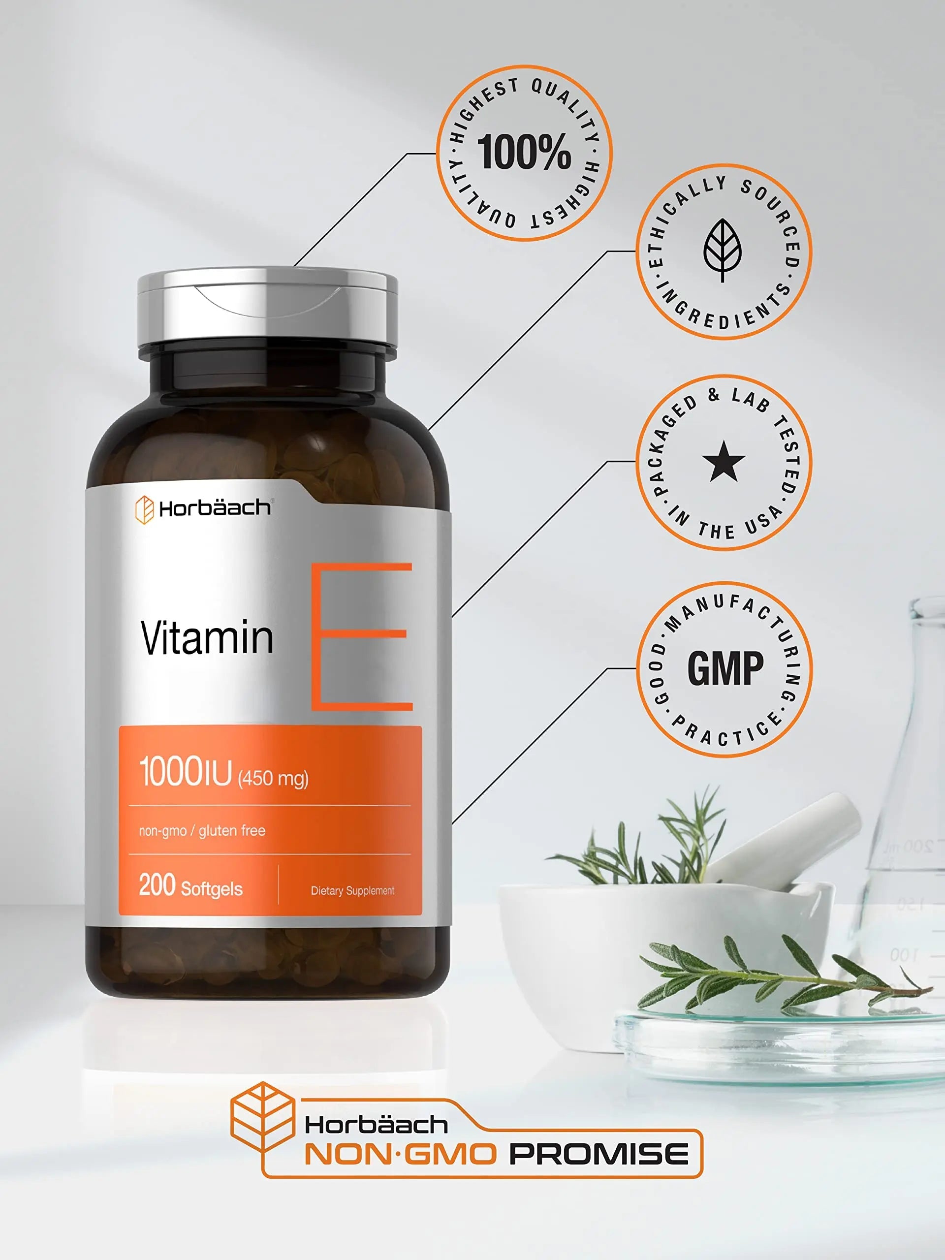 Vitamin E 1000 IU Softgel Capsules | 200 Count | Non-GMO, Gluten Free, Preservative Free Horbäach Au supplements