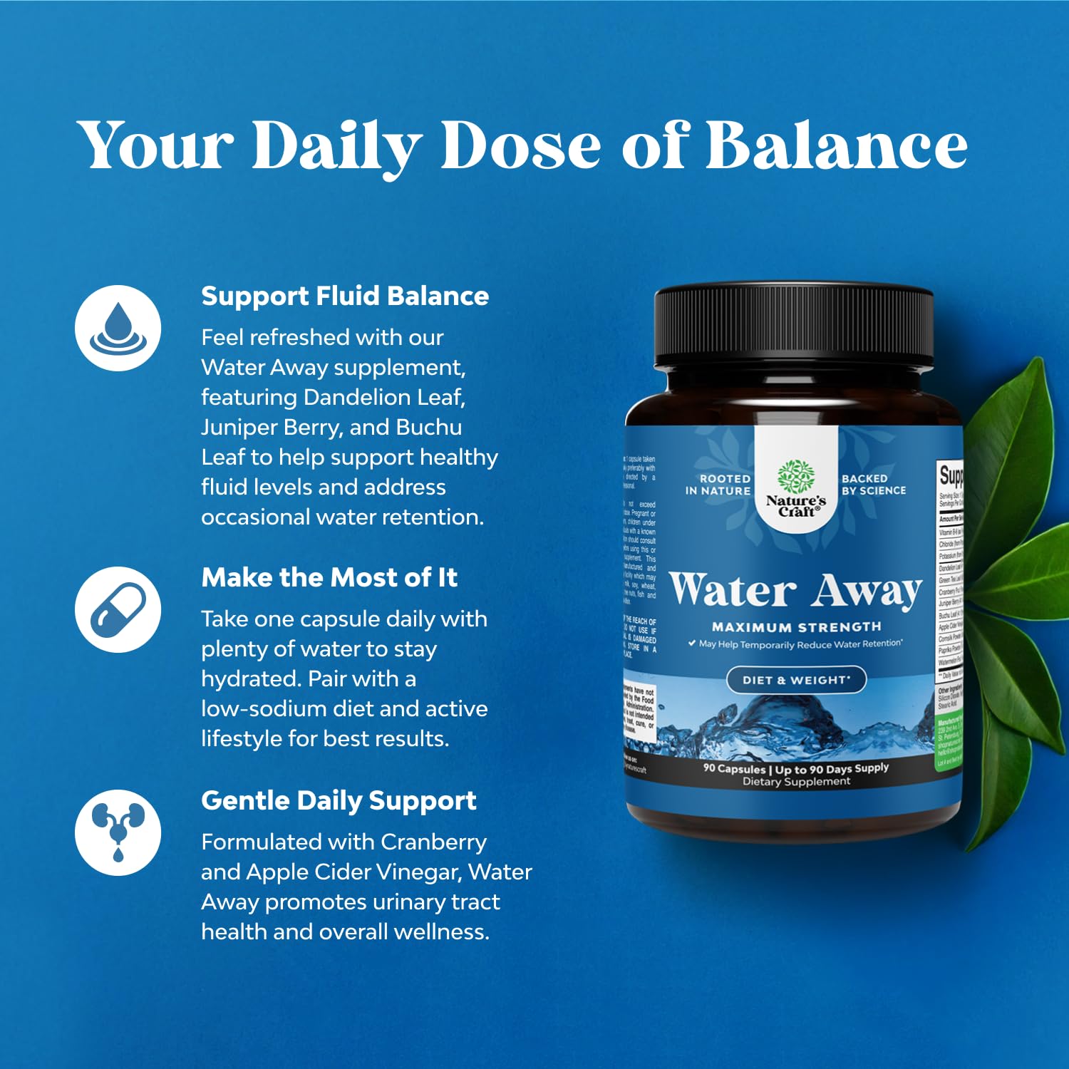Water Away Herbal Diuretic Pills High Strength - Fluid Retention Supplement with Dandelion Leaf Extract & Green Tea for Bloating Relief for Women & Men
