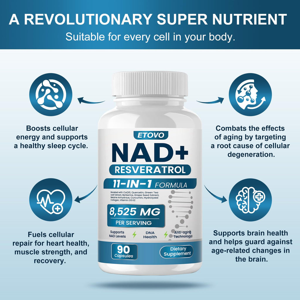 ETOVO NAD+ Supplement, 8525 mg Liposomal NAD Resveratrol Supplement for Women and Men with Coptisine Quercetin Curcumin Supports Cellular Health, Energy & Healthy Anti-Aging 180 Counts ETOVO Au supplements