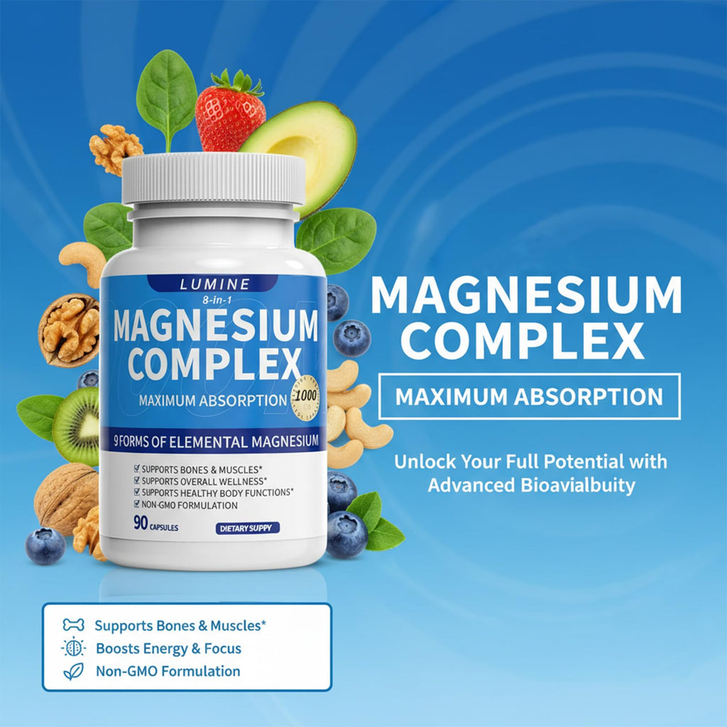Lumine Magnesium Complex Supplement - Advanced 8-in-1 Elemental 1000mg- Glycinate, Citrate, Malate, Taurate