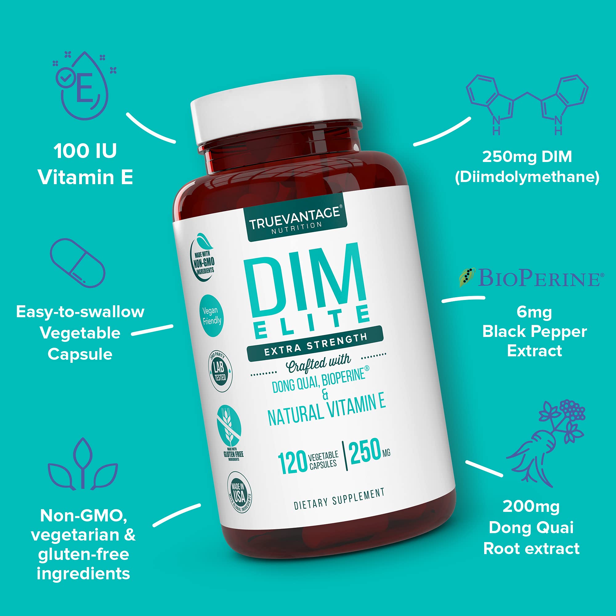 DIM Supplement 250mg (Diindolylmethane)-Plus Dong Quai, Natural Vitamin E & BioPerine - Supports Menopause Relief & Hormonal Acne -Hormone Balance Support for Women and Men-Veggie Caps Truevantage Nutrition Au supplements