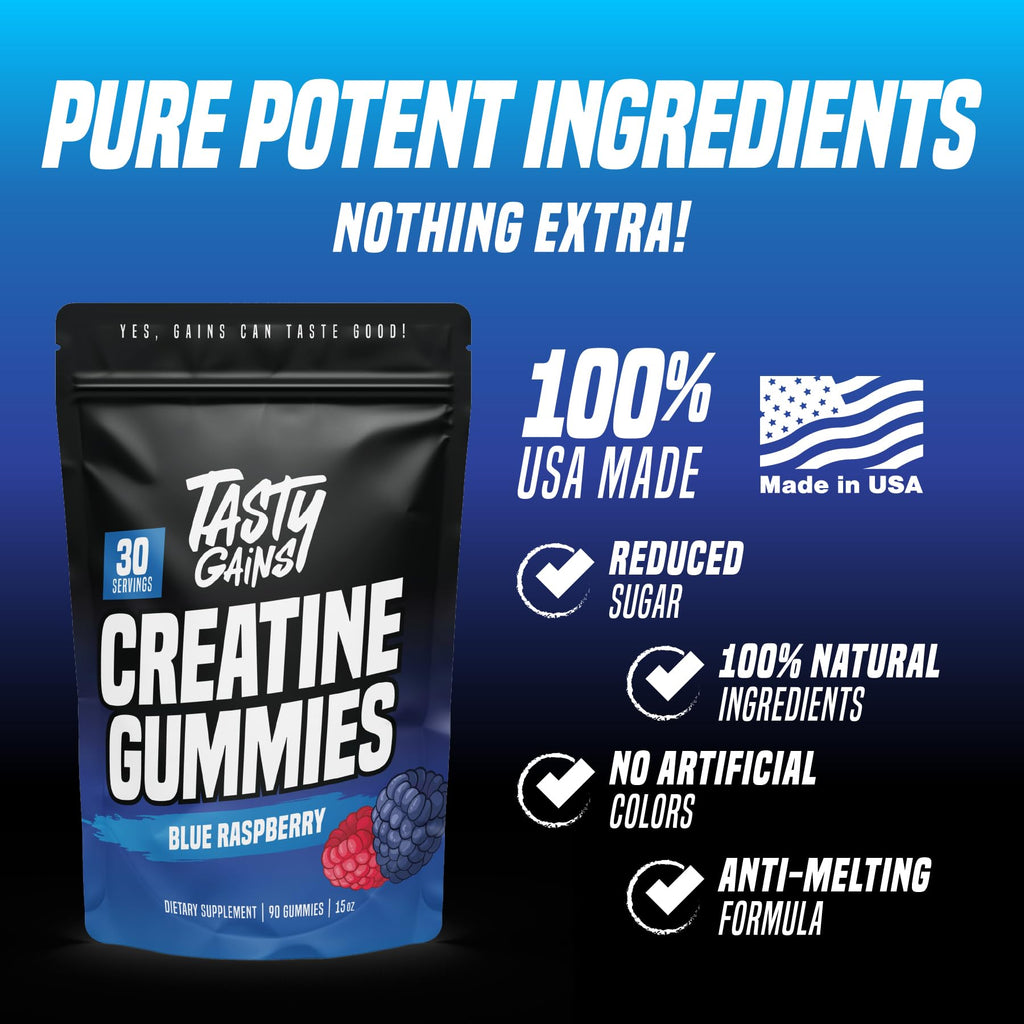 TASTY GAINS Creatine Gummies - 90g of Creatine Monohydrate - Workout Supplements - Build Muscle & Boost Strength for Men & Women - Made in USA
