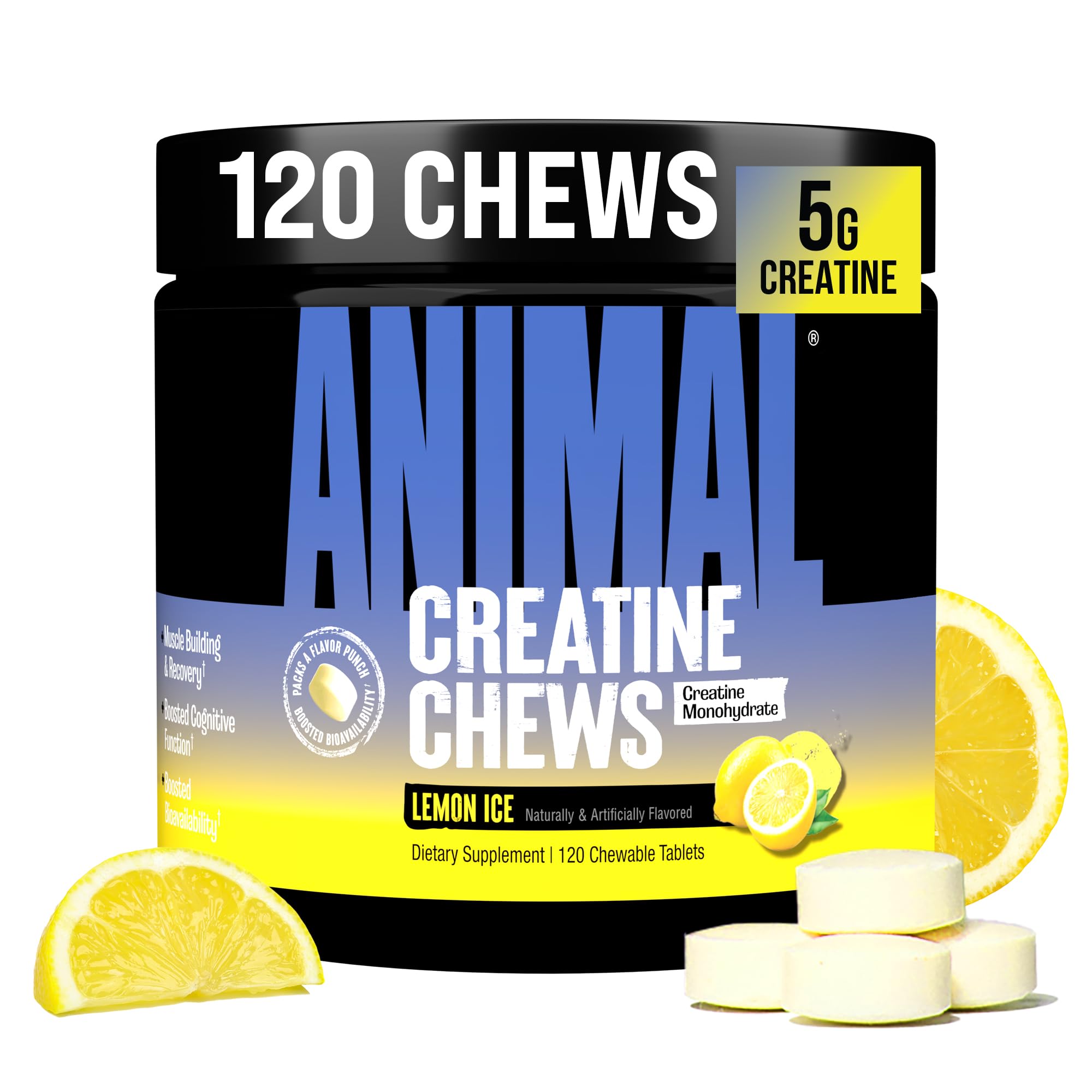 Animal Creatine Chews Tablets - Enhanced Creatine Monohydrate with AstraGin to Improve Absorption, Sea Salt for Added Pumps, Delicious and Convenient Chewable Tablets - Lemon Ice Animal Au supplements