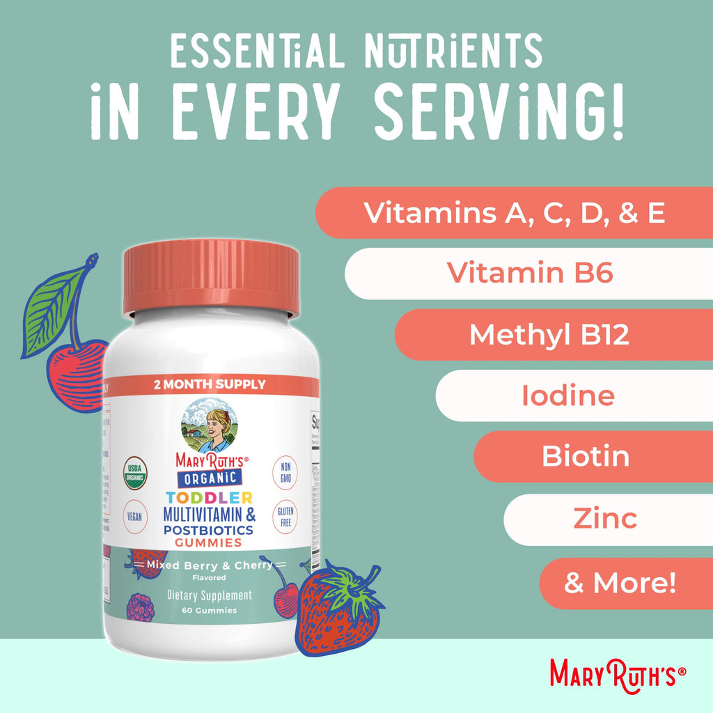MaryRuth Organics Toddler Multivitamin Gummies + Postbiotics | USDA Organic | Vitamins for Kids Ages 2+ | Immune Support | Vitamin C | Vitamin D3 | Vitamin A | Zinc | Vegan | Non-GMO | 60 Servings MARYRUTH'S Au supplements