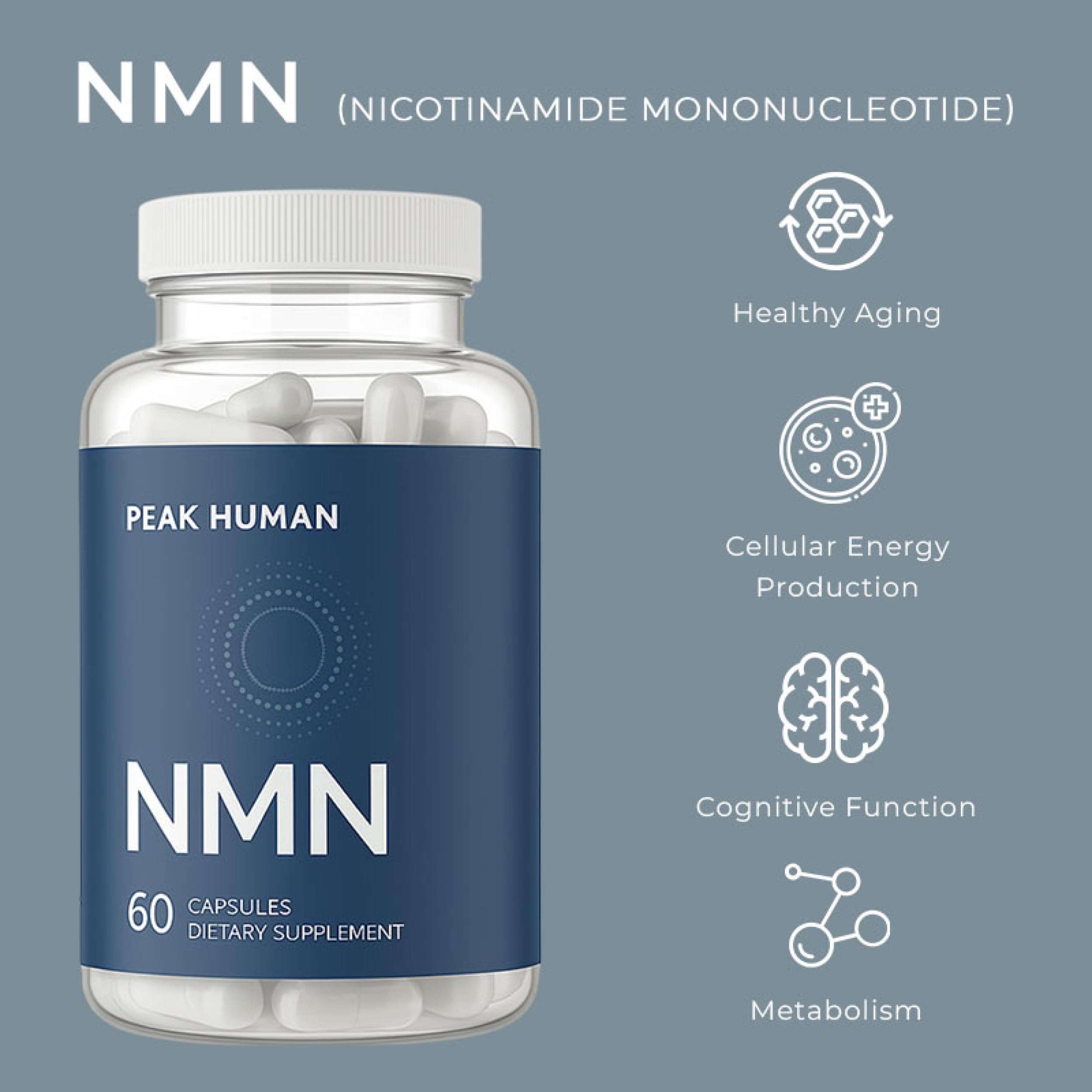 Peak Human Beta-NMN | Beta Nicotinamide Mononucleotide NAD+ Precursor - Advanced Cellular Energy & Longevity - Promotes Vitality, Metabolic Function & Focus - Non-GMO, Vegan Capsules - 60 Count Peak Human Au supplements