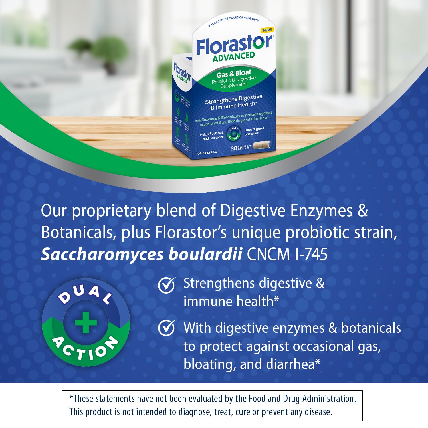 Florastor Advanced Gas and Bloat Probiotic, Digestive Enzymes and Botanicals, Plus Probiotics for Digestive Health, 30 Capsules Florastor Au supplements