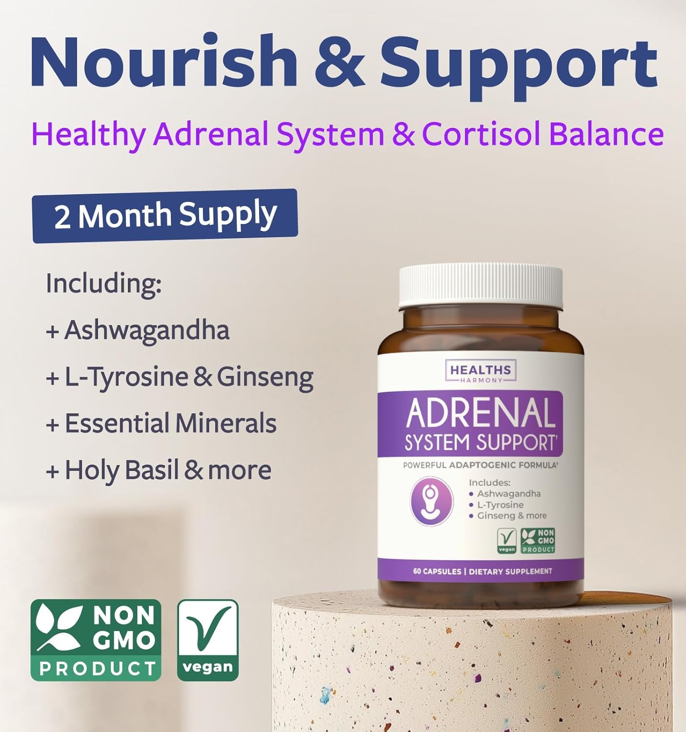 Adrenal System Support & Cortisol Manager (2 Month Supply) Powerful Ashwagandha & L-Tyrosine Fatigue Supplement - Maintain Balanced Cortisol Levels, Health, & Stress Relief - Non-GMO - 60 Capsules Healths Harmony Au supplements