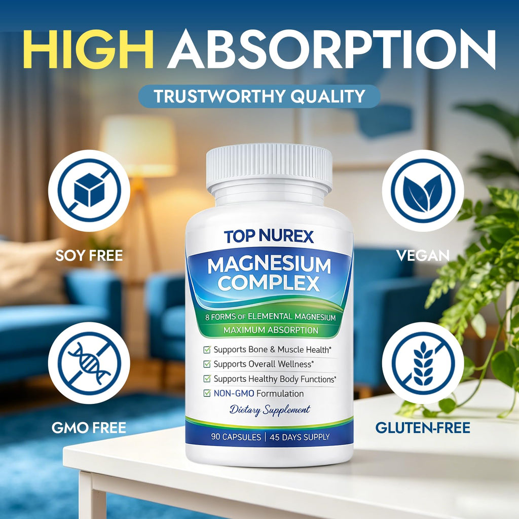 Top Nurex Magnesium Complex 1000 mg, 8-Source Magnesium Blend with Glycinate, Citrate, Malate & Taurate, Vegan Formula, Non-GMO, 90 Capsules Top Nurex Au supplements