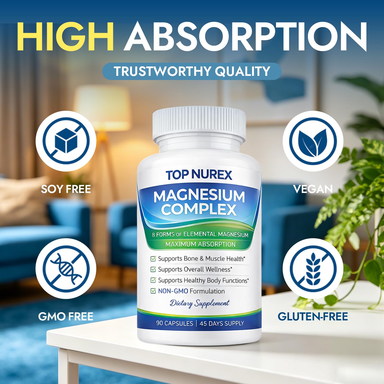 Top Nurex Magnesium Complex 1000 mg, 8-Source Magnesium Blend with Glycinate, Citrate, Malate & Taurate, Vegan Formula, Non-GMO, 90 Capsules Top Nurex Au supplements