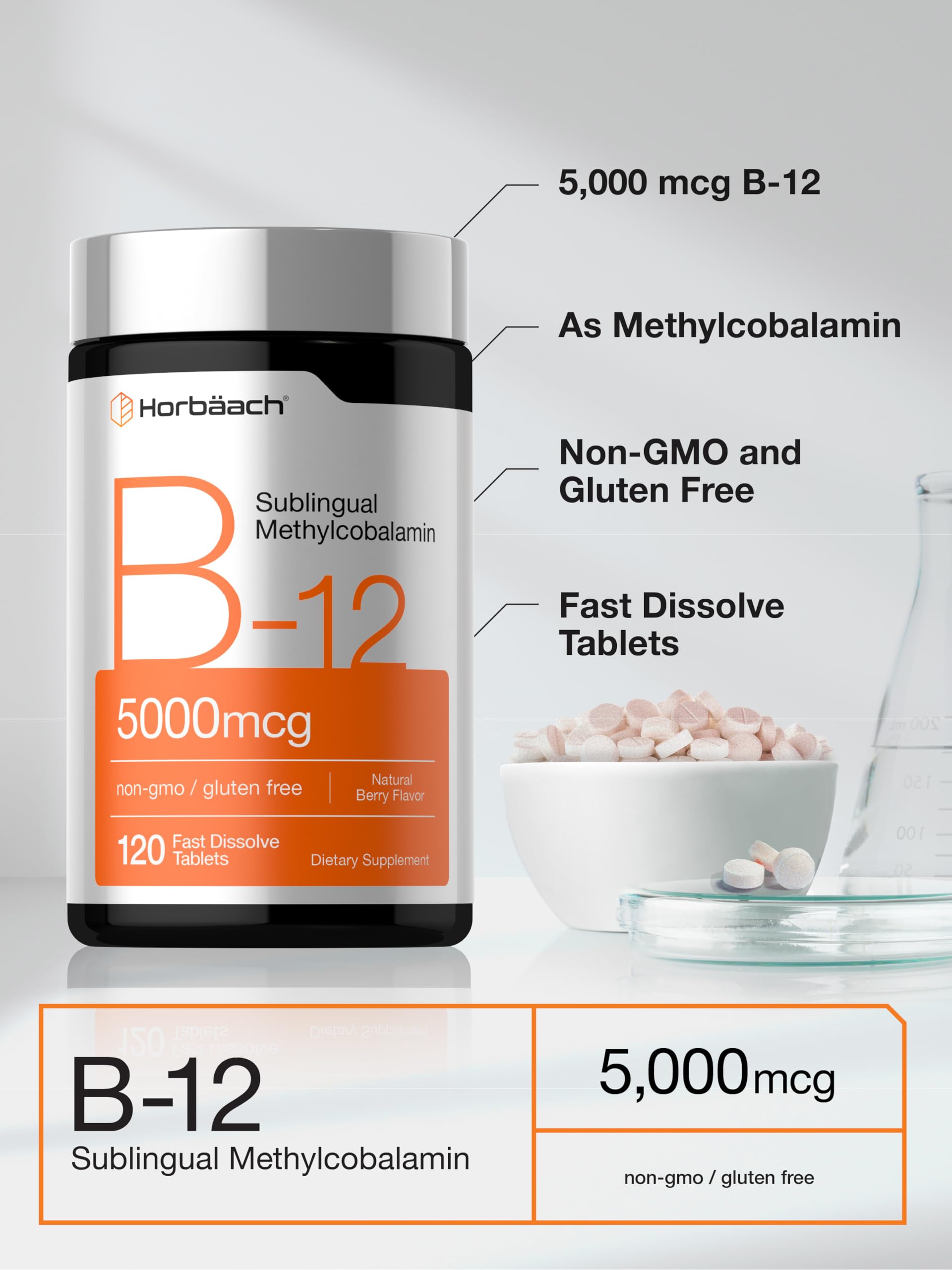 Horbäach B12 Vitamin 5000 mcg | 120 Fast Dissolve Tablets | Sublingual Methylcobalamin | Natural Berry Flavor | Vegan, Non-GMO