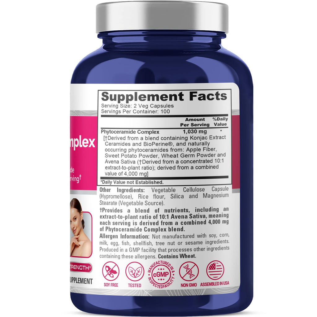 NusaPure Phytoceramide Complex 10:1 Extract, 1030 mg Equivalent to 4000 mg 200 Veggie Capsules (Non-GMO) Bioperine NusaPure Au supplements