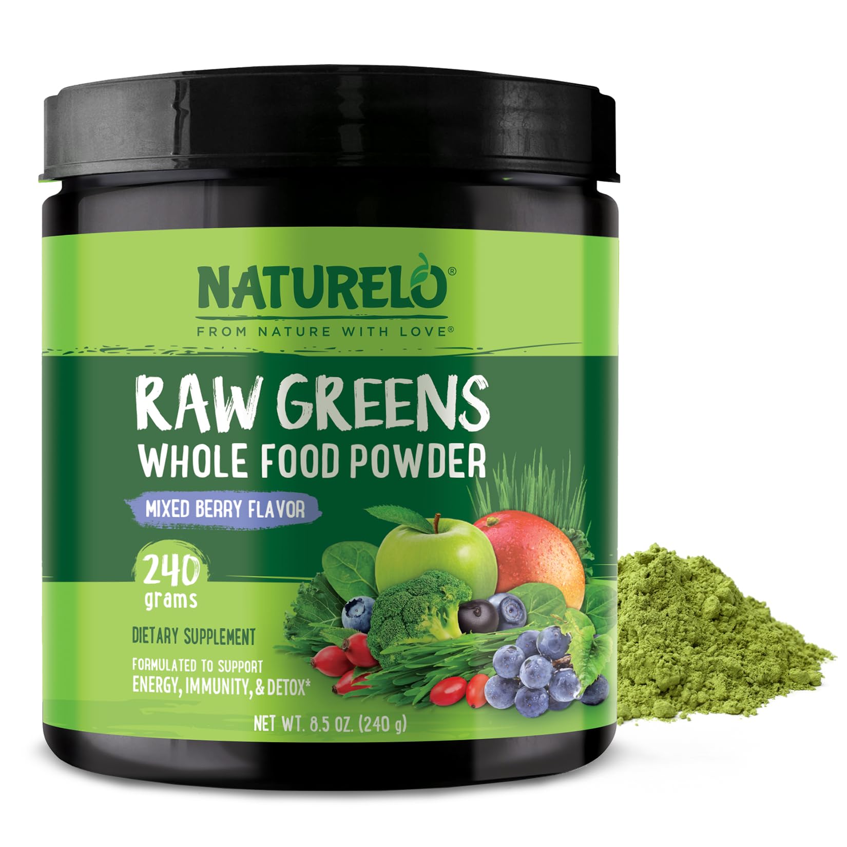 NATURELO Raw Greens Superfood Powder 240 Grams, Mixed Berry - Supports Energy, Immunity and Detox - Includes Spirulina, Wheat Grass and Organic Greens for Whole Food Nutrition