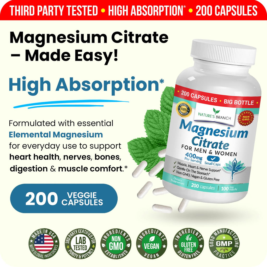 Magnesium Citrate 400mg | 200 Capsules, High Absorption for Sleep, Relax, Leg Cramps, Energy, Extra Strength Easy to Swallow Small Pills for Women & Men, Vegan Supplement for Digestion, Not Tablets NATURE'S BRANCH Au supplements