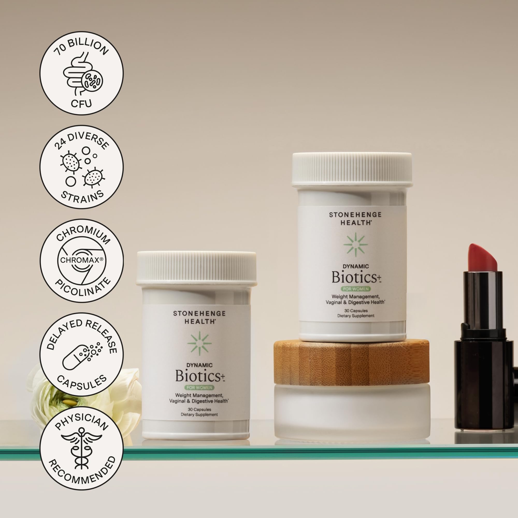 Stonehenge Health Biotics for Women Probiotic 70 Billion CFU, 24 Strains + Prebiotic Fiber, Weight Management, Focus & Mood, Digestive, Vaginal & Immune Support