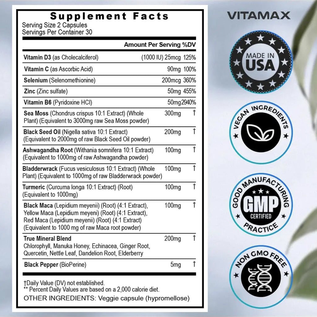 Sea Moss, Maca, Black Seed Oil, Ashwagandha, Bladderwrack, Turmeric Vitamax Au supplements