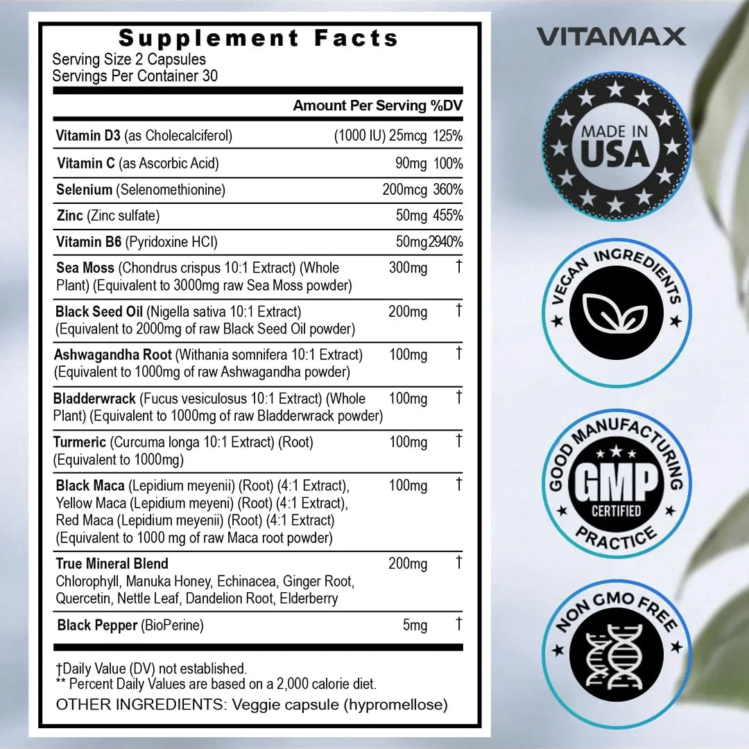Sea Moss, Maca, Black Seed Oil, Ashwagandha, Bladderwrack, Turmeric Vitamax Au supplements