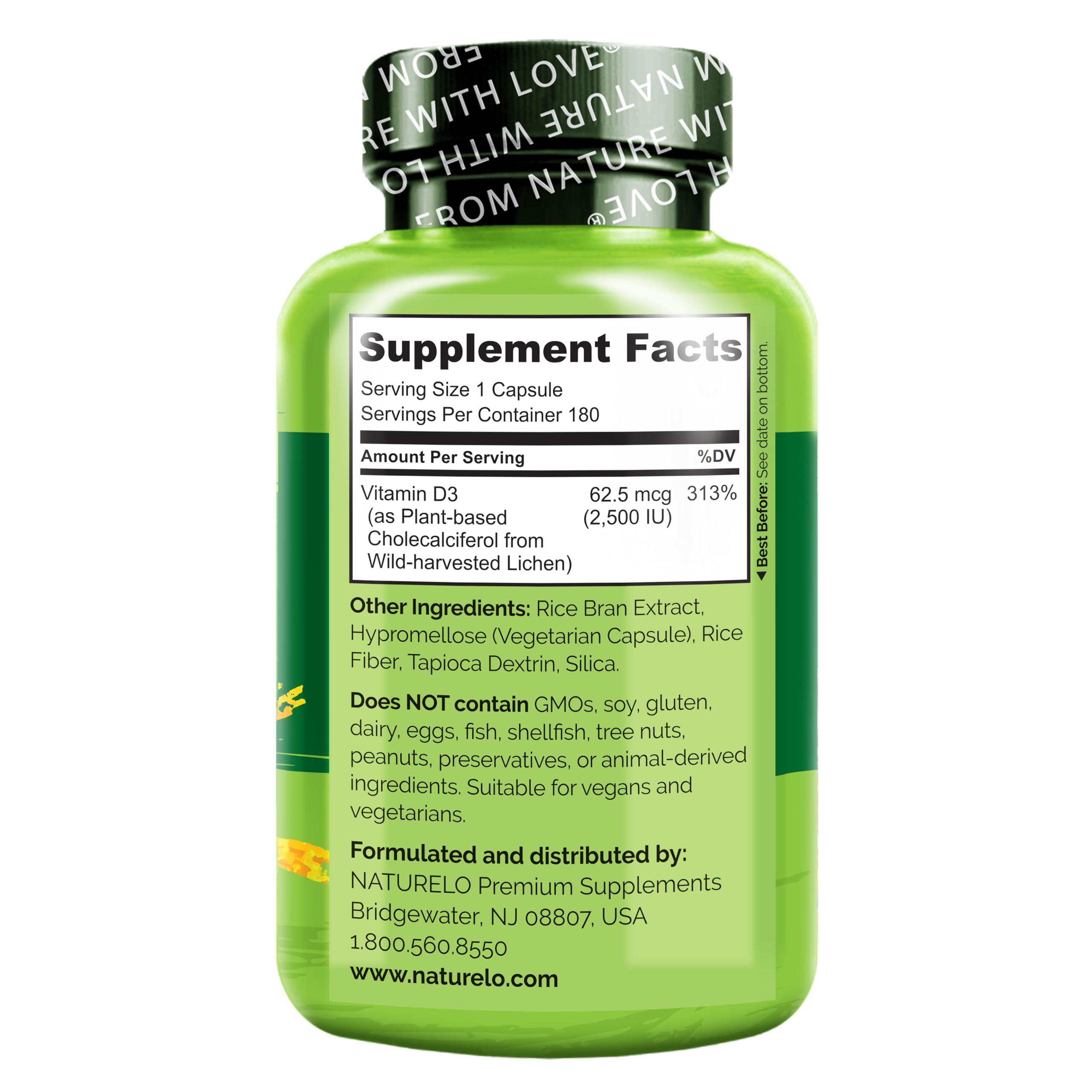 NATURELO Vitamin D - 2500 IU - Plant Based from Lichen - Natural D3 Supplement for Immune System, Bone Support, Joint Health - Vegan