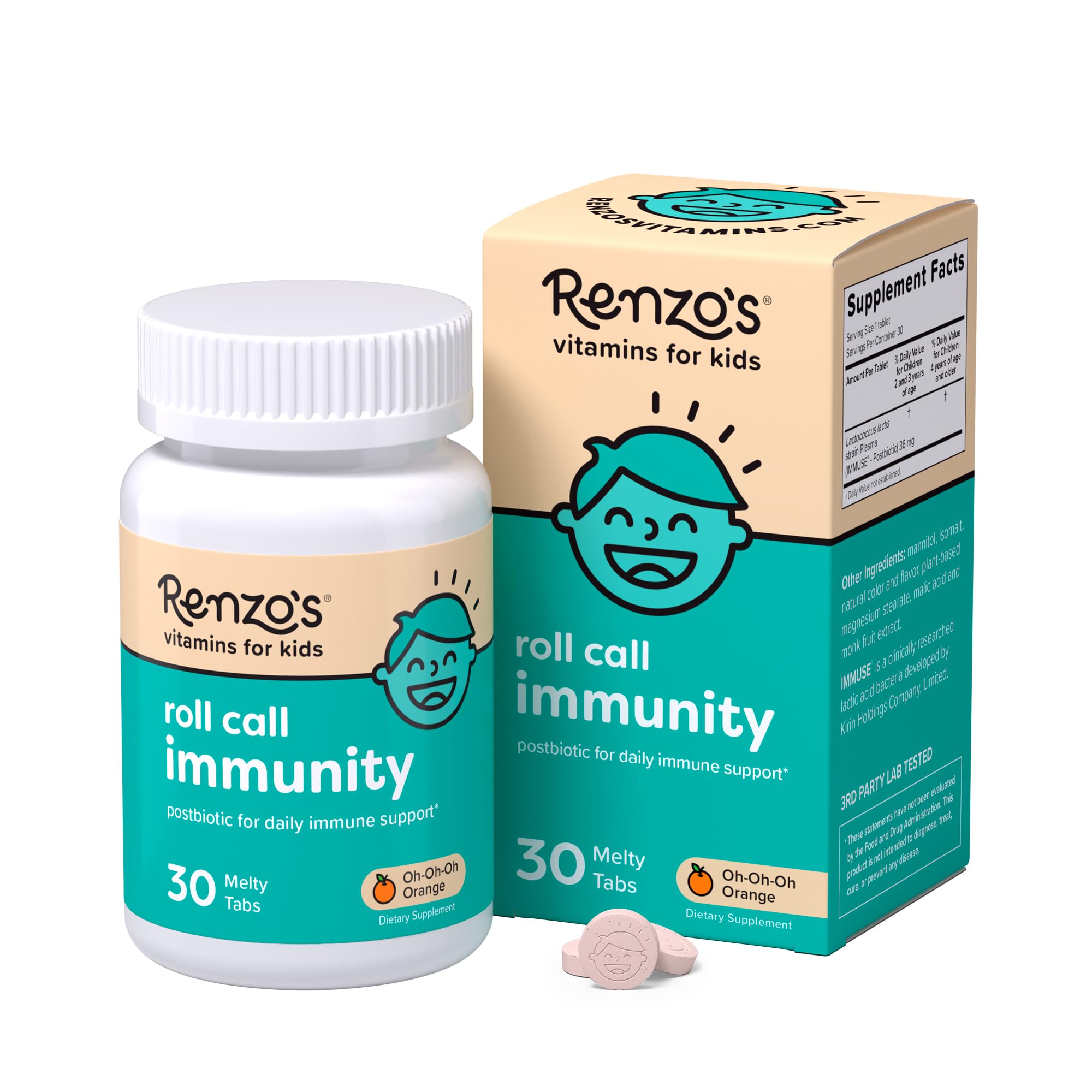 Renzo's Roll Call Immunity - Dissolvable Kids Immune Support Supplement with IMMUSE Postbiotic, Sugar-Free Kids Vitamins, 30 Orange-Flavored Melty Tabs Renzo's Au supplements