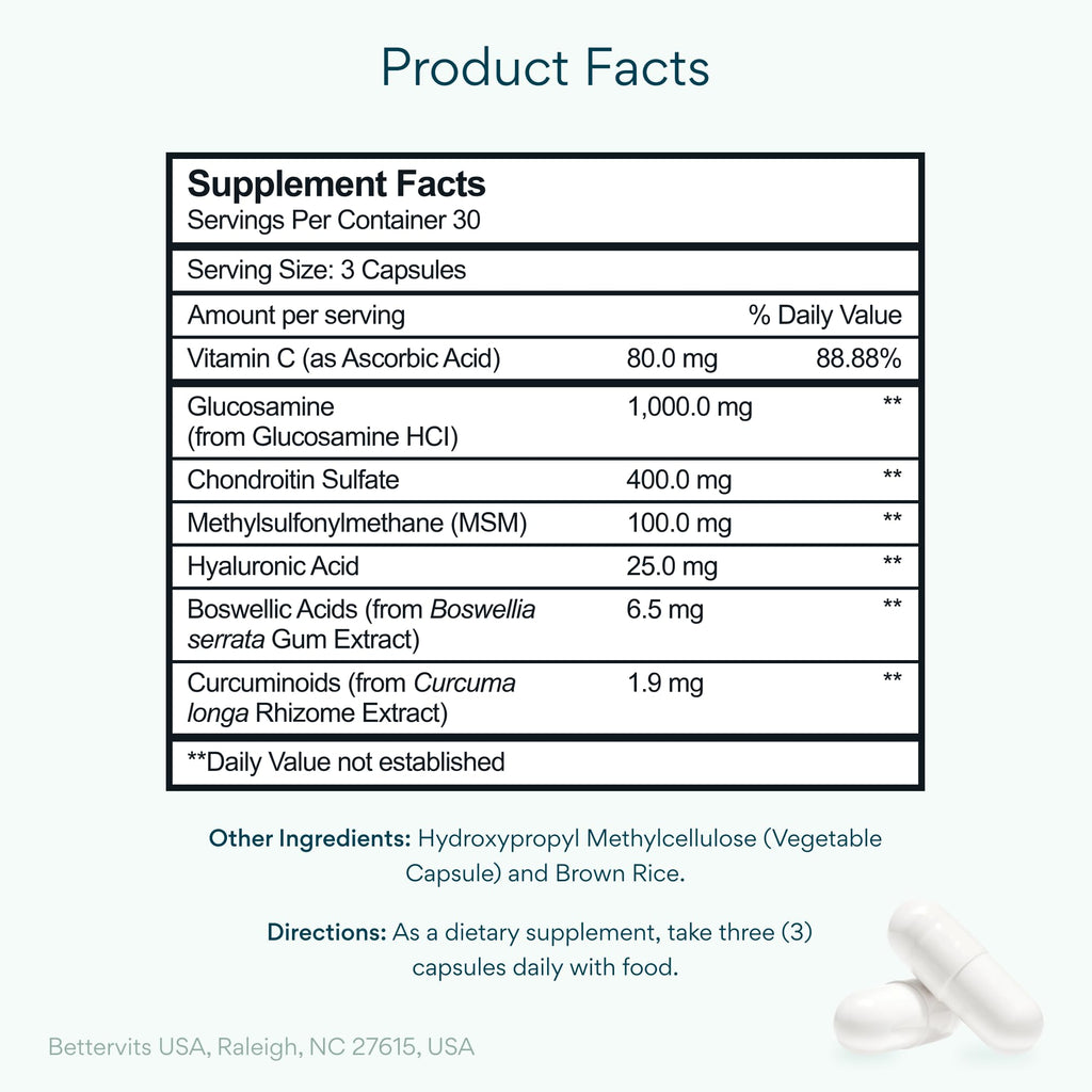 Bettervits Glucosamine Complex with MSM Сhondroitin | Joint Supplements for Women and Men with Vitamin C | Arthritis Support Supplement for Mobility & Flexibility - 90 Capsules Bettervits Au supplements