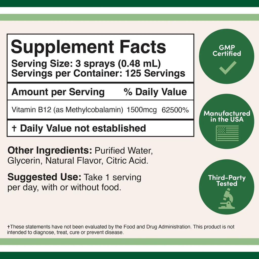 Vitamin B12 Sublingual Spray (2 Spray Dose of Vitamin 12 1000mcg, 3 Spray Serving Size Double Wood Supplements Au supplements