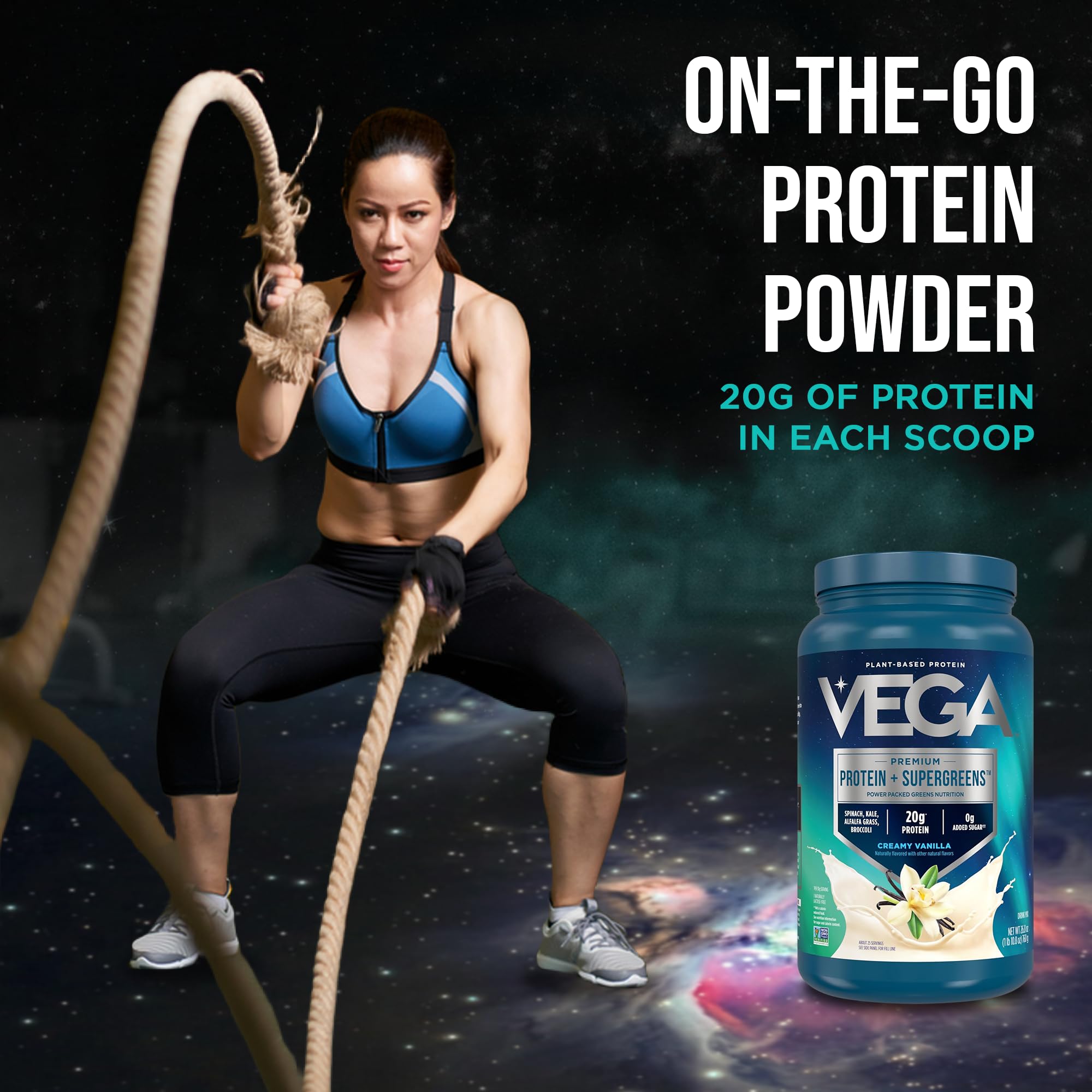 Vega Premium Protein + Supergreens, Creamy Vanilla – 20g Vegan Protein, Dairy & Gluten Free, 26.9 oz (25 Servings)
