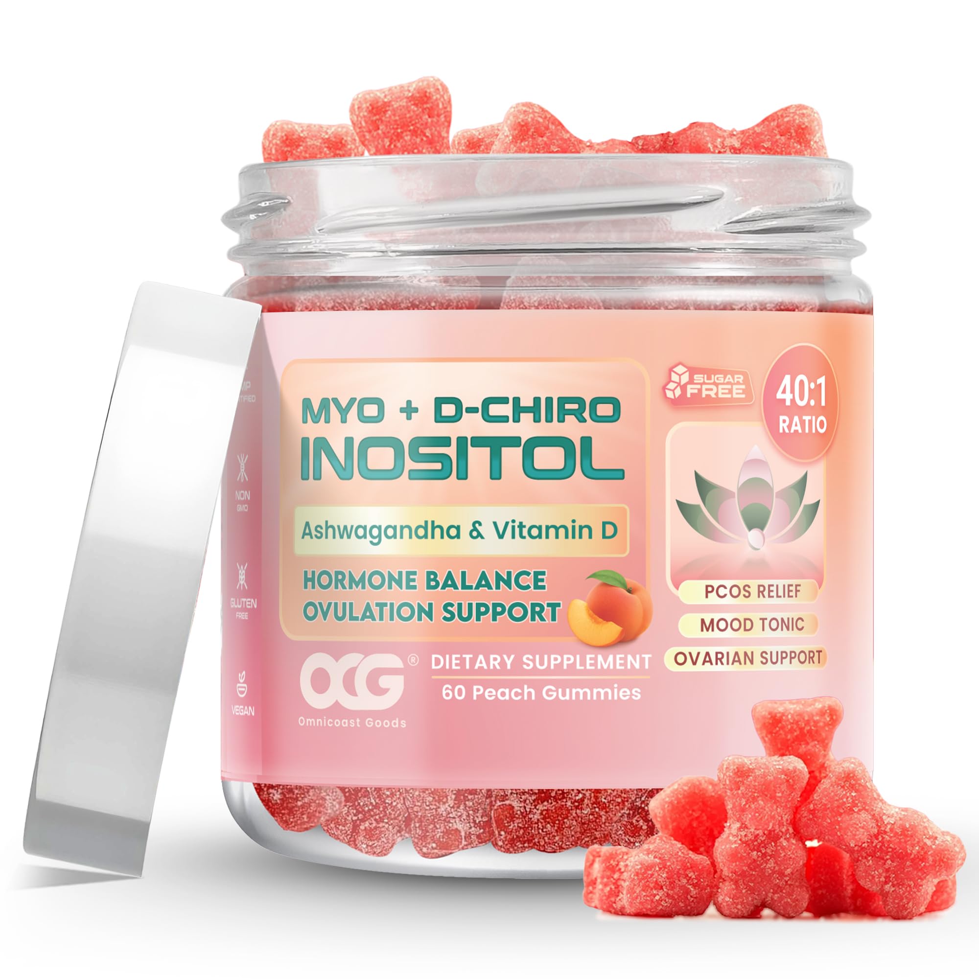 OMNICOAST GOODS, OCG Myo-Inositol & D-Chiro Inositol Gummies with Ashwagandha | PCOS Support | Ovulation & Mood Support, 40:1 Ratio Inositol for Hormone Balance, Sugar-Free, Non-GMO (60 Gummies) OMNICOAST GOODS, OCG Au supplements