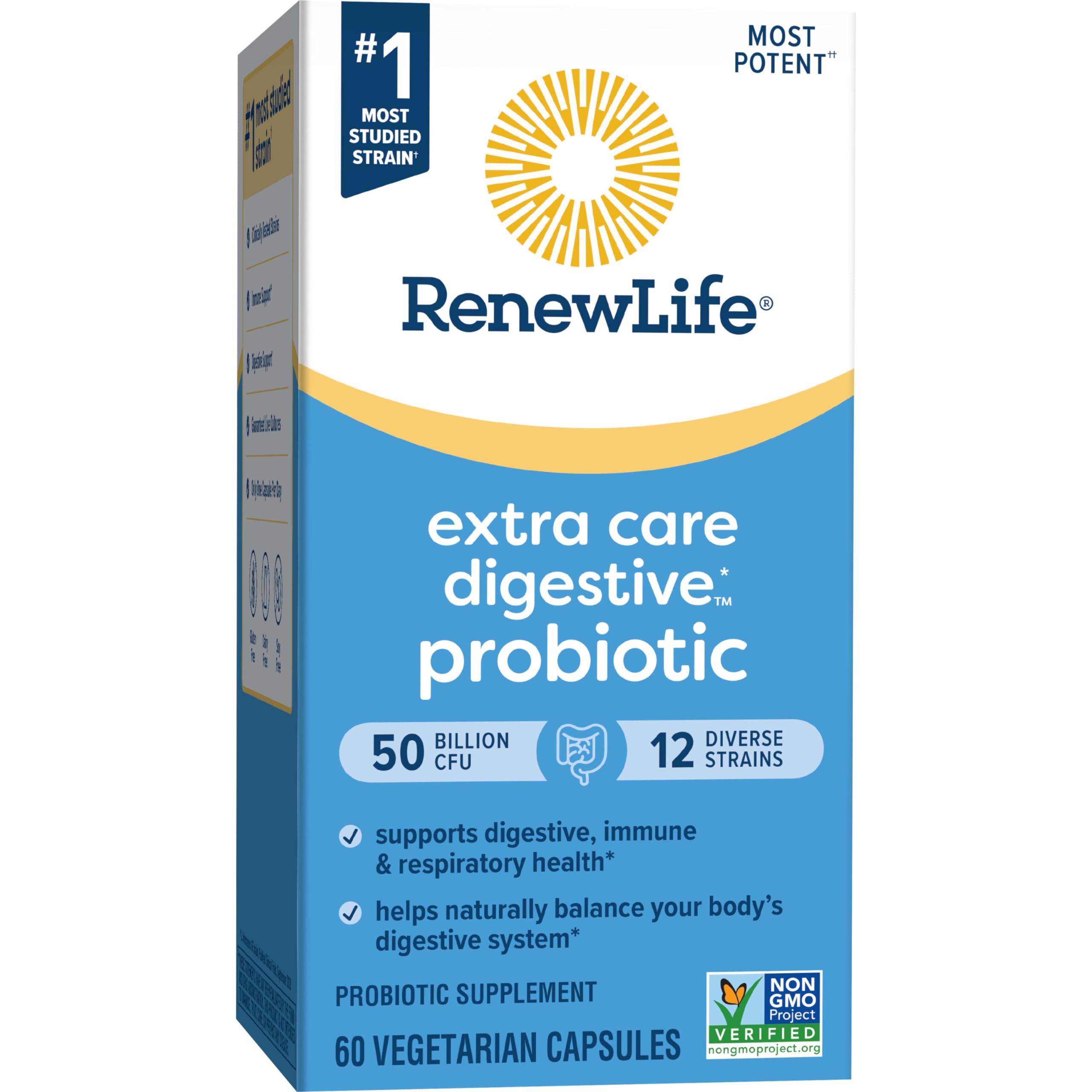 Renew Life Extra Care Digestive Probiotic Capsules, 50 Billion CFU Guaranteed, Daily Supplement Supports Immune, Digestive, Respiratory Health(1), L. Rhamnosus GG