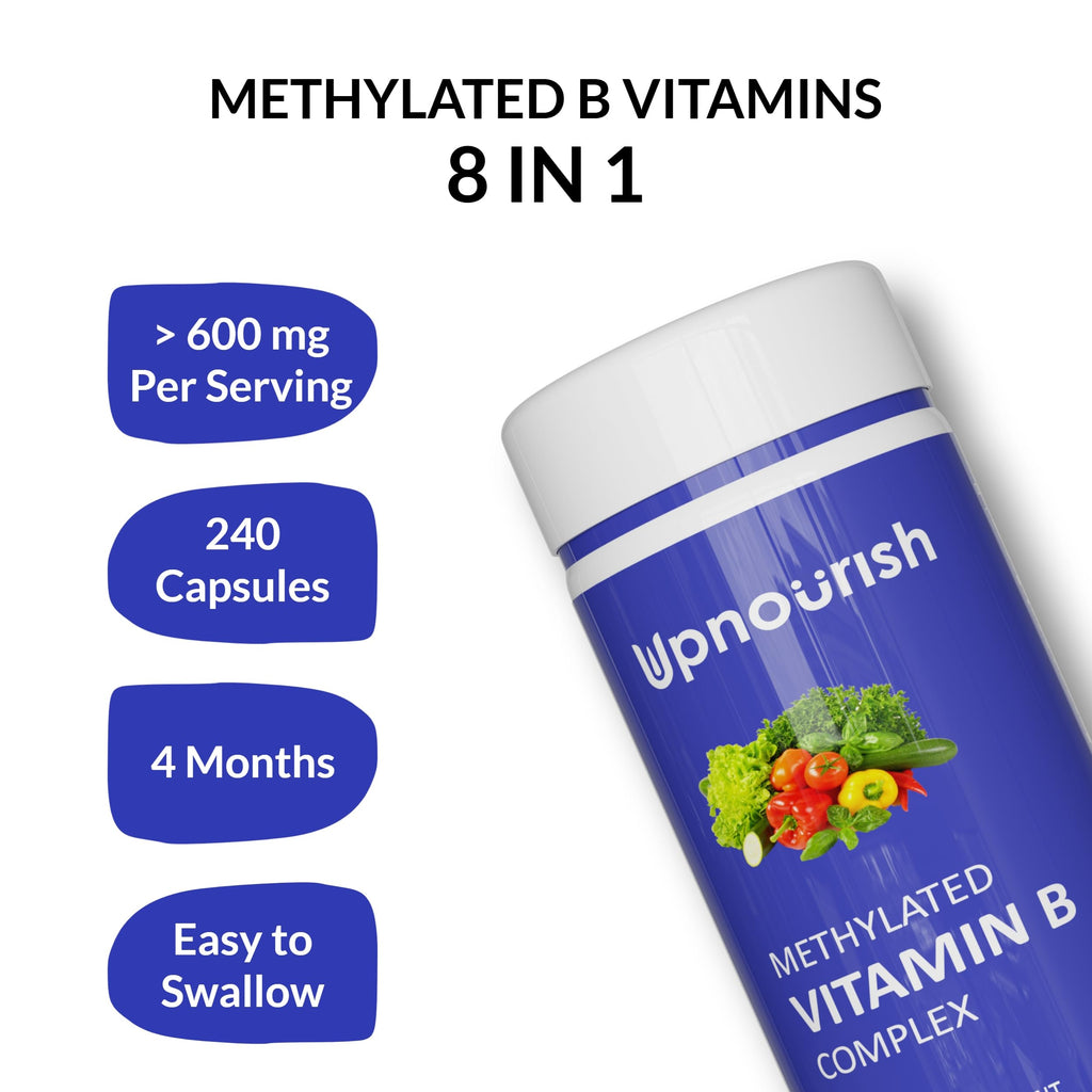 UpNourish Methylated B Complex Vitamins for Women and Men, 240 Veggies Capsules - Active Pure B Complex with Organic Fruits, Vegetables, B1 Thiamine, B2 Riboflavin,