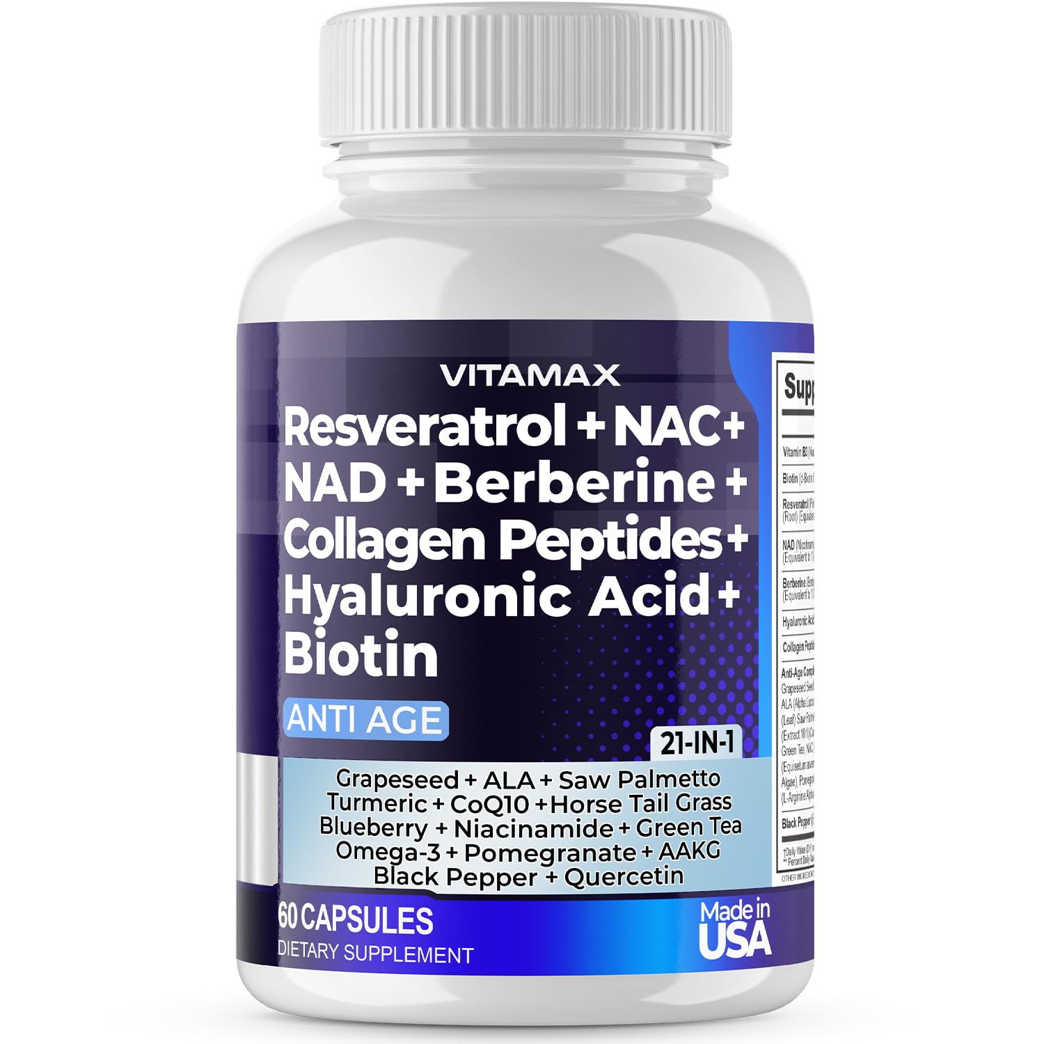 Resveratrol NAD+ Berberine Hyaluronic Acid - Biotin Grape & Blueberry + NAC - Collagen Peptides - Hair, Nail, Skin & Joint Supplement - 21-in-1 Women and Men