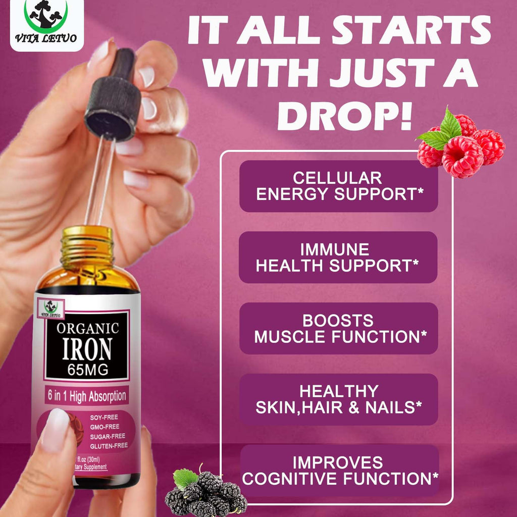 Vita letuo Iron Supplement for Women with Vitamin C,6-in-1 Liquid Supplement w/Vitamin B12,Vitamin B6,High Absorption Liquid Iron Drops for Red Blood Cells