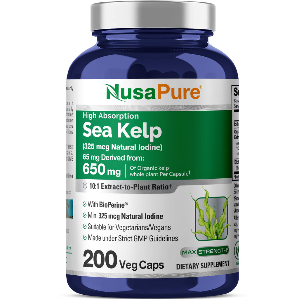 NusaPure Sea Kelp Natural Iodine 325mcg 10:1 Extract, 65 mg Equivalent to 650 mg Capsule 200 Count (Non-GMO, Vegan) NusaPure Au supplements