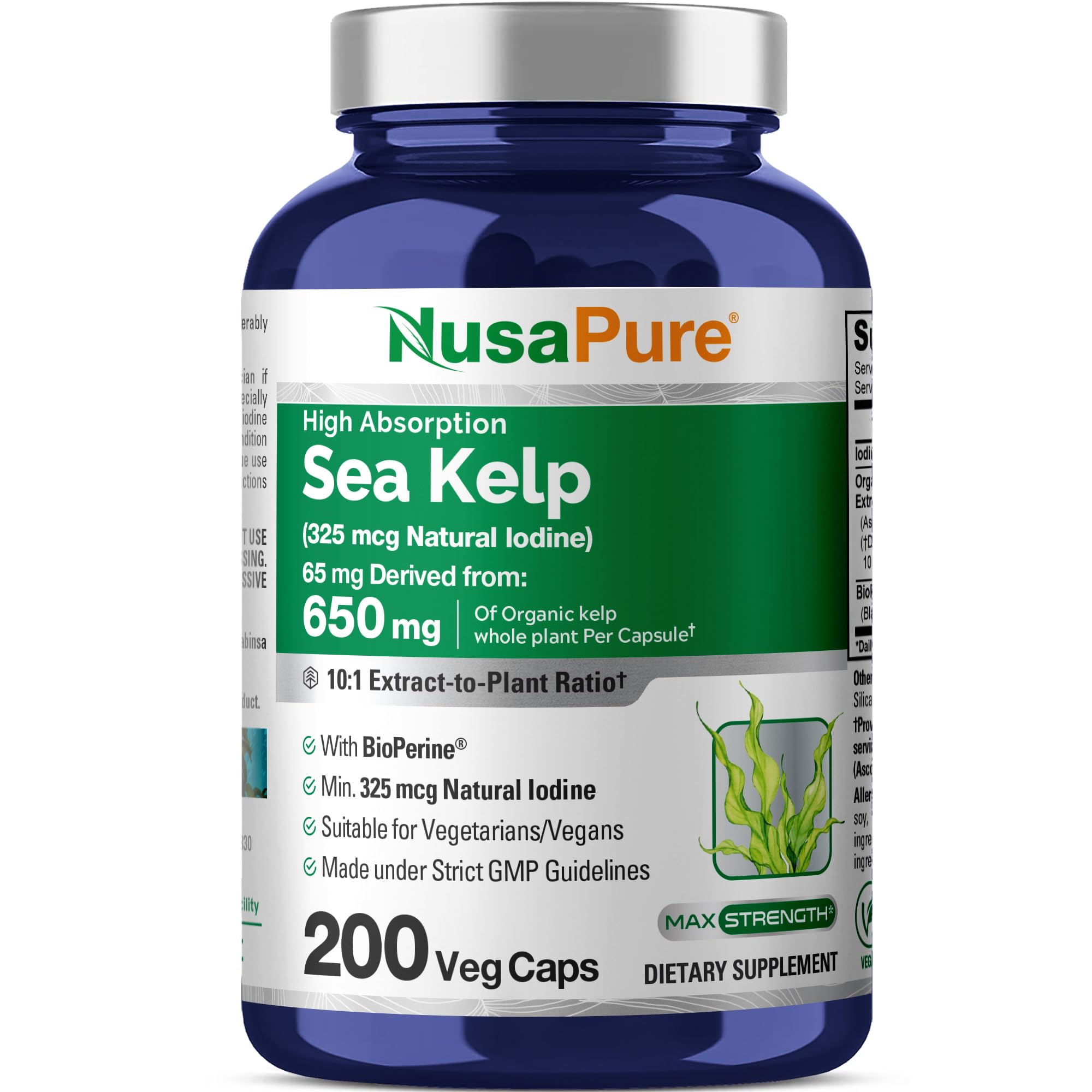 NusaPure Sea Kelp Natural Iodine 325mcg 10:1 Extract, 65 mg Equivalent to 650 mg Capsule 200 Count (Non-GMO, Vegan) NusaPure Au supplements