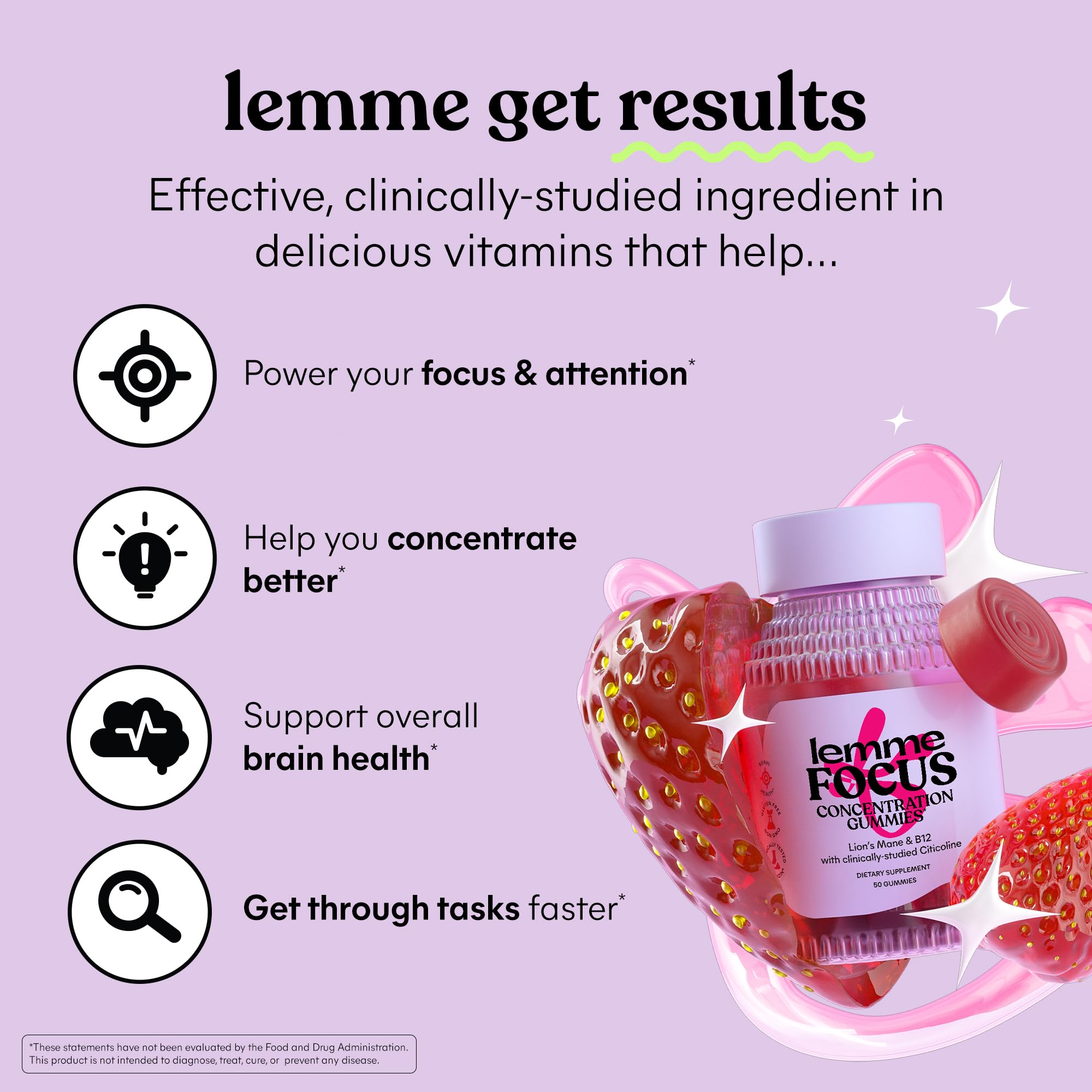 Lemme Focus Concentration & Brain Health Gummies with Cognizin Citicoline, Lion's Mane Mushroom, Vitamin B12 to Support Focus + Concentration