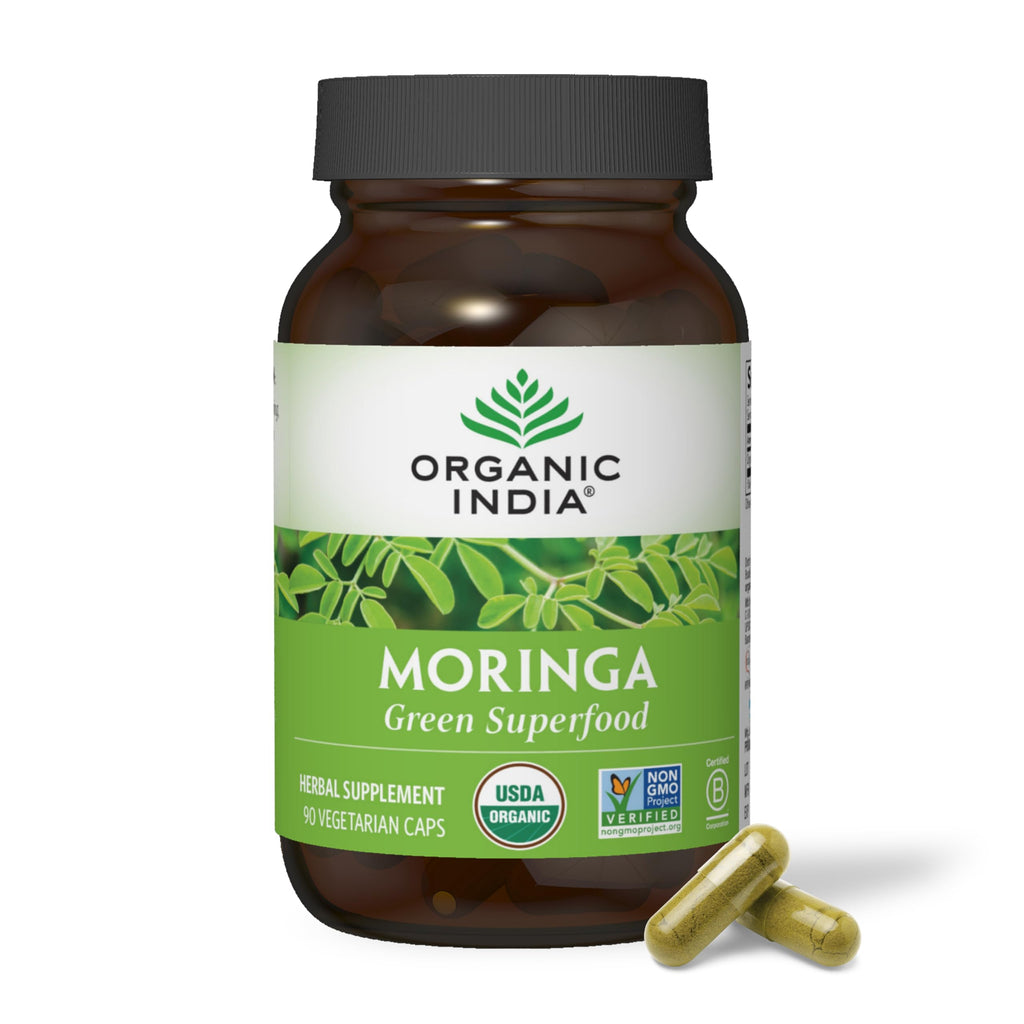 ORGANIC INDIA Moringa Herbal Supplement - Green Superfood, Nutrient Dense, Pure Plant Protein, Vitamin A, E, K, Iron, Calcium, Fiber, Vegan