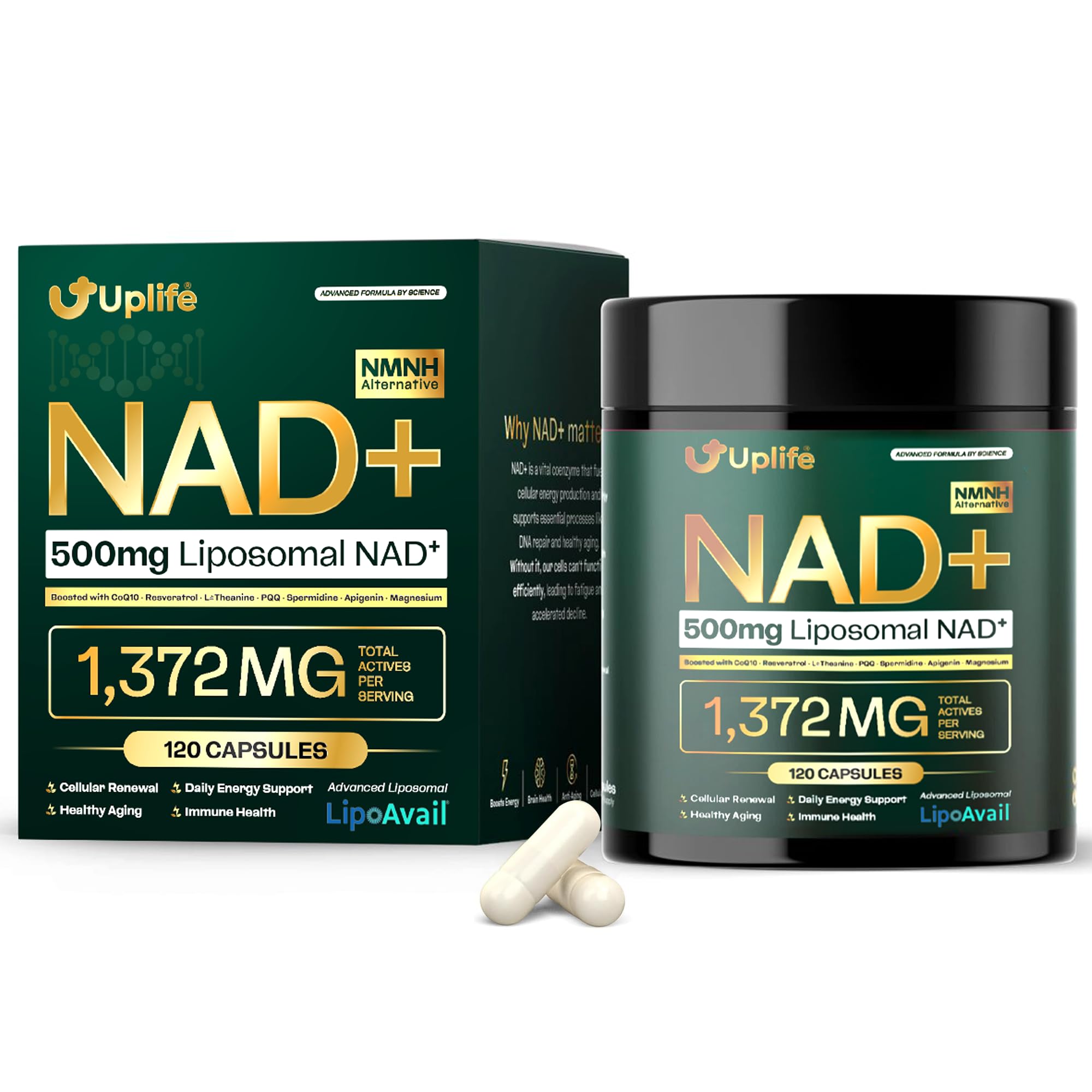 UPLIFE NAD+ Supplement 1,372mg – Liposomal NAD+ with CoQ10, Resveratrol, Spermidine, L-Theanine, Apigenin & PQQ – NMNH Alternative Booster Cellular Energy, Healthy Aging, Immune Health – 120 Capsules UPLIFE Au supplements