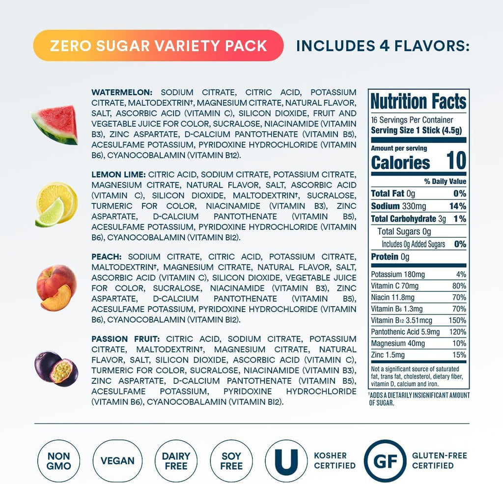 DripDrop Sugar Free Hydration Packets - Zero Classic Variety Pack - Single Serve Electrolytes Powder Drink Mix - Lemon Lime, Watermelon, Peach, Passion Fruit