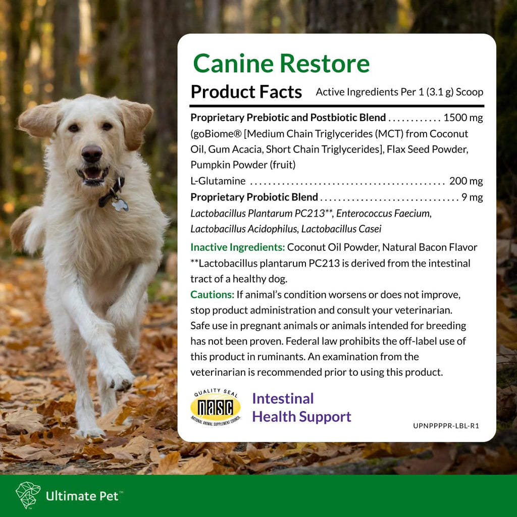 Ultimate Pet Nutrition Canine Restore, Gut Health Supplement with Prebiotics, Probiotics, & Postbiotics for Digestive Health & Immunity Support, Vet Formulated Powder Food Topper ULTIMATE PET NUTRITION Au supplements