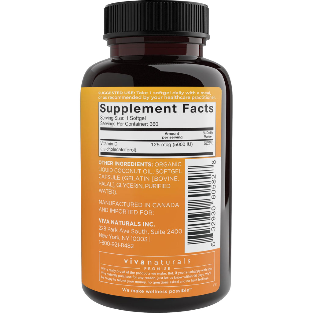 Viva Naturals Vitamin D3 5000 IU Softgels, 360 Count (125 mcg), Supports Bone & Immune Health, High Potency Vitamin D